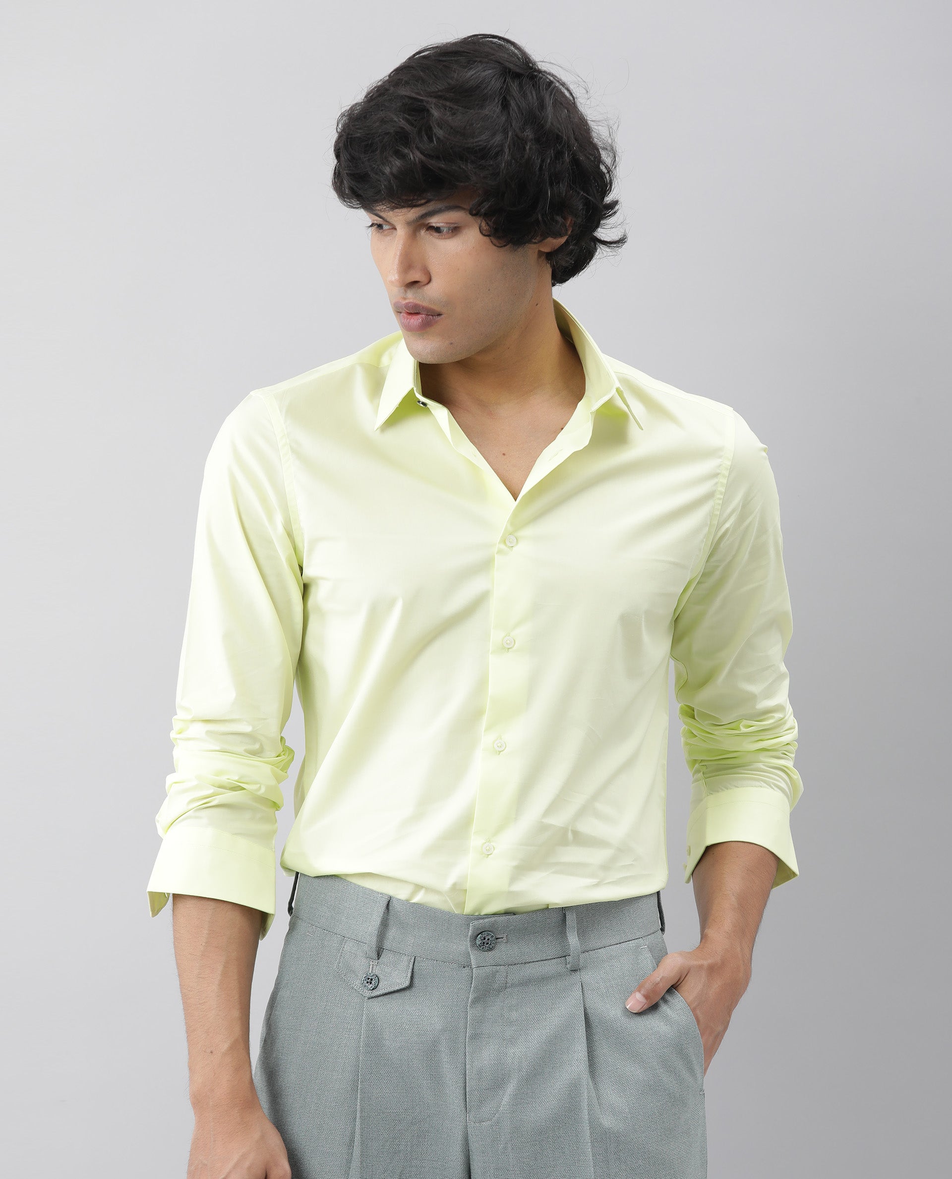 Rare Rabbit Men's Neutro Ls Green Cotton Plain Tailored Fit Full Sleeve Collared Shirt
