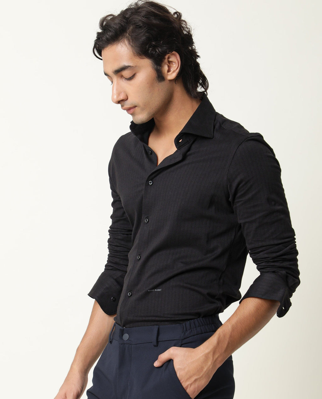 Rare Rabbit Men's Vertical Black Cotton Plain Regular Fit Full Sleeve Collared Shirt