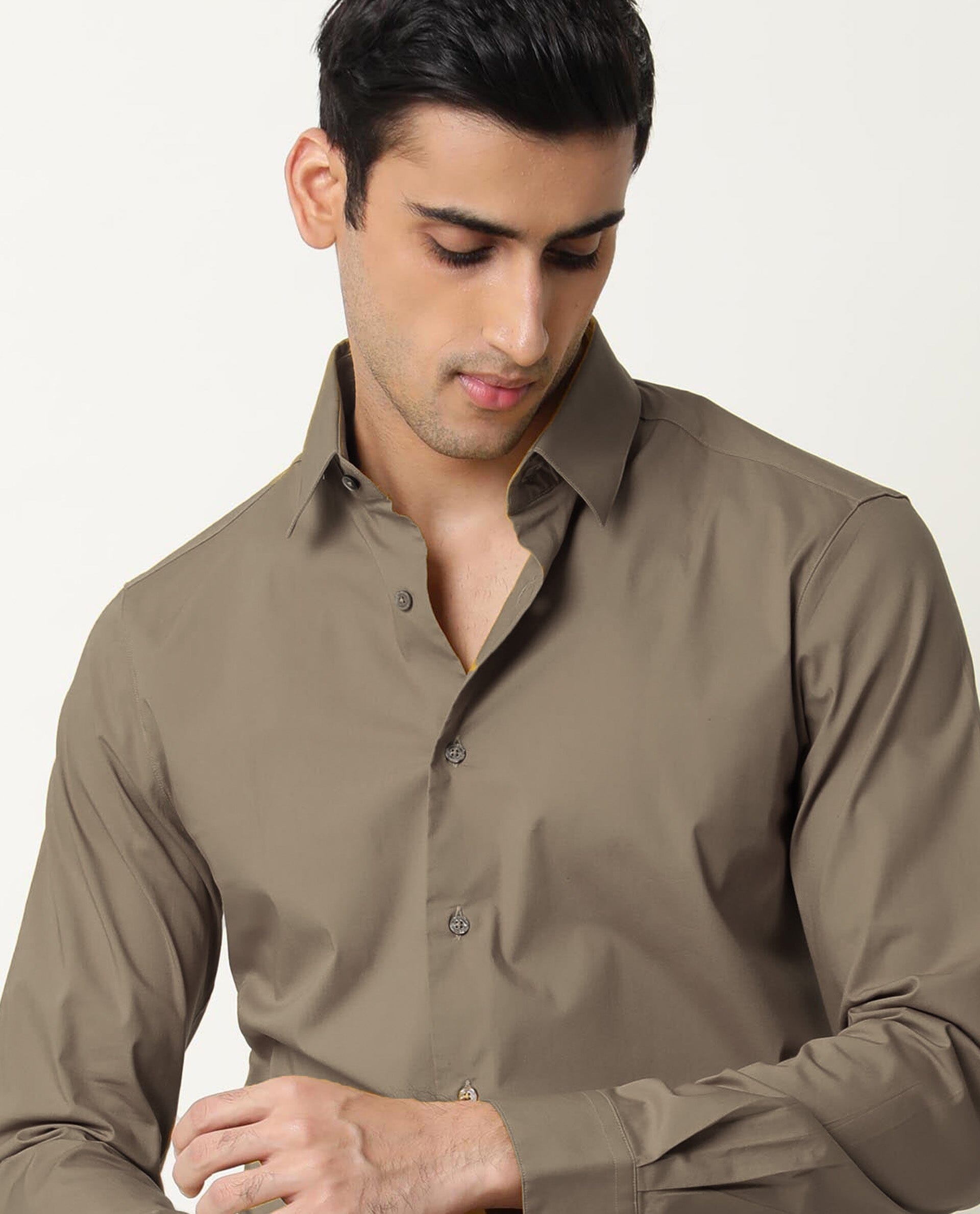 Rare Rabbit Men's Neutrons Brown Cotton Regular Fit Full Sleeve Spread Collar Shirt