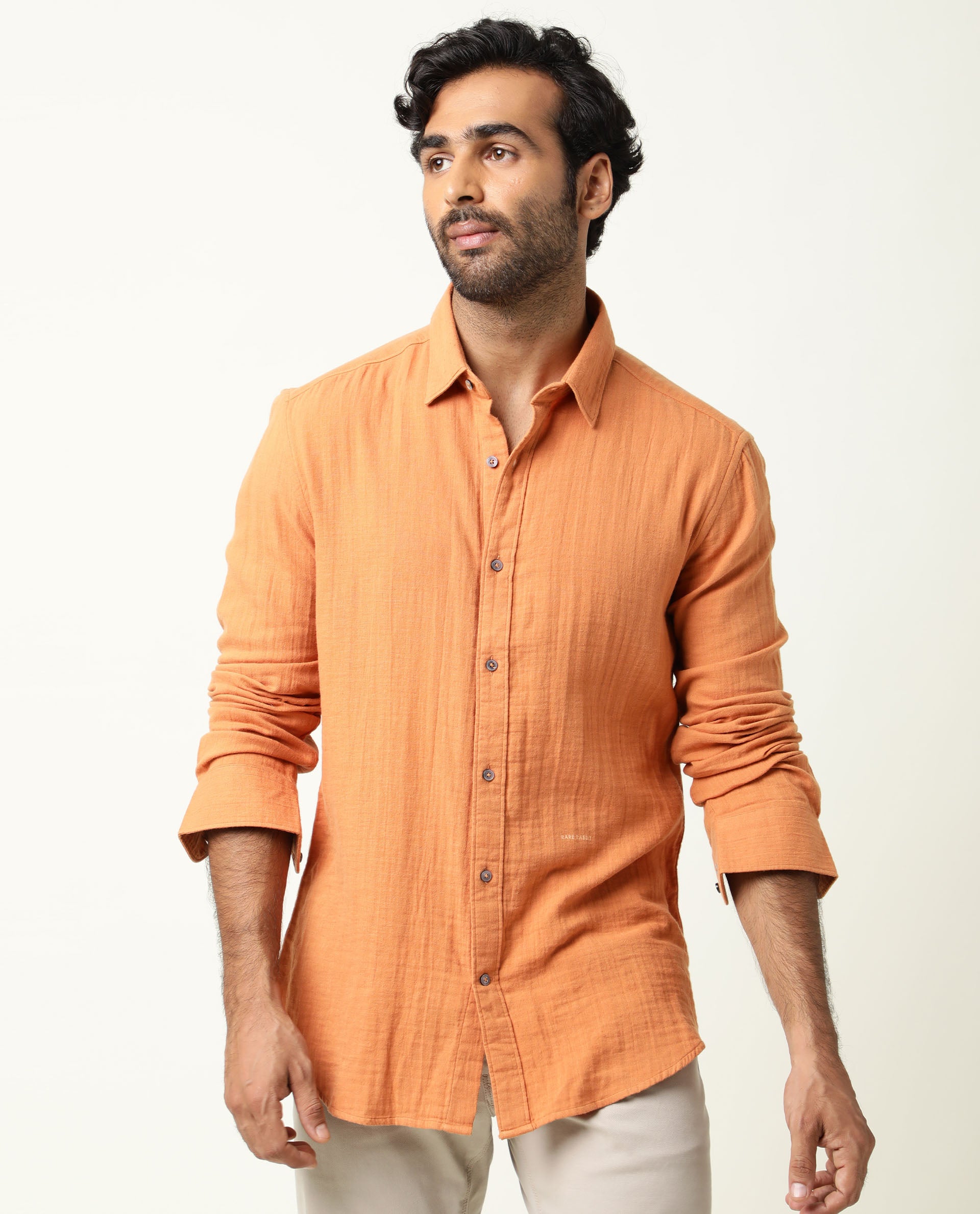 Rare Rabbit Men's Layers Rust Cotton Plain Regular Fit Full Sleeve Collared Shirt