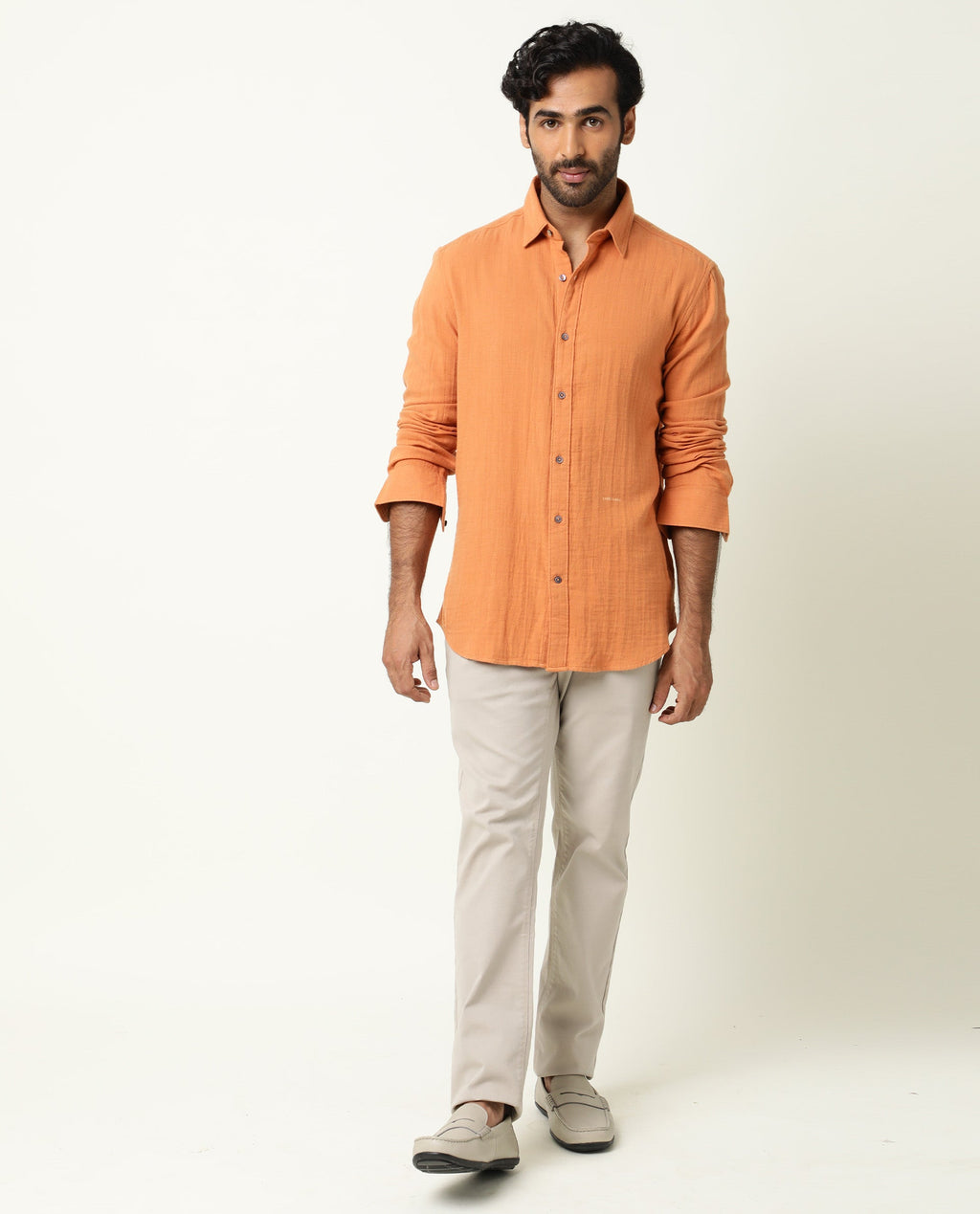 Rare Rabbit Men's Layers Rust Cotton Plain Regular Fit Full Sleeve Collared Shirt