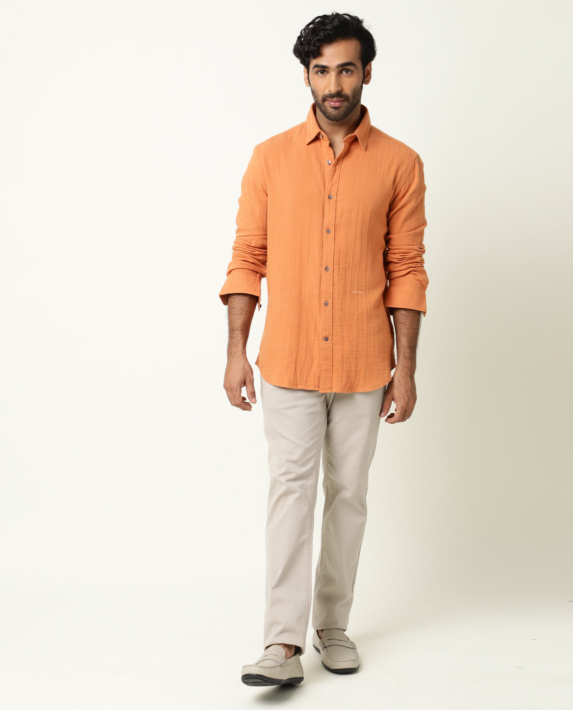 Rare Rabbit Men's Layers Rust Cotton Plain Regular Fit Full Sleeve Collared Shirt