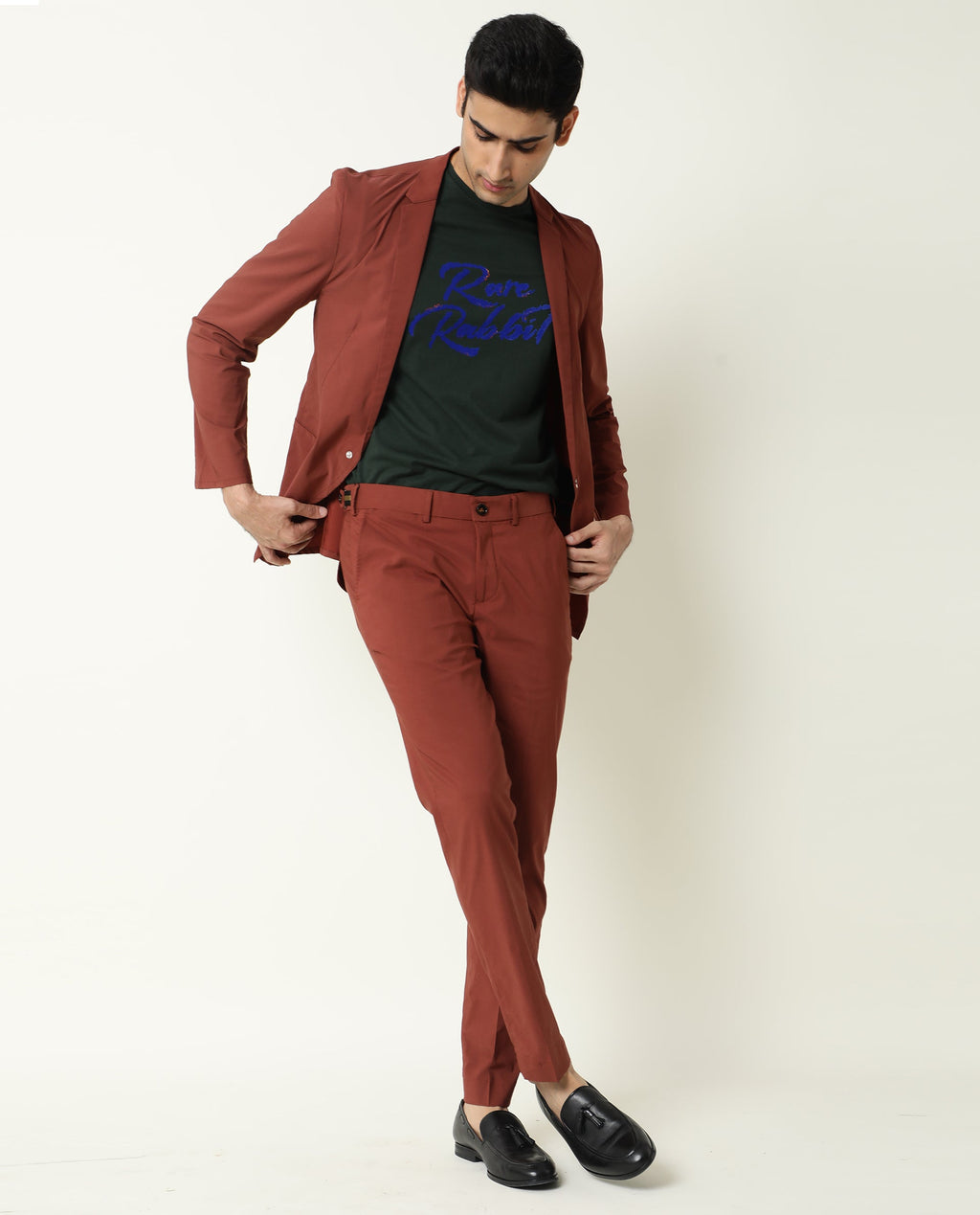 Rare Rabbit Men's Glak Rust Viscose Plain Slim Fit Trouser