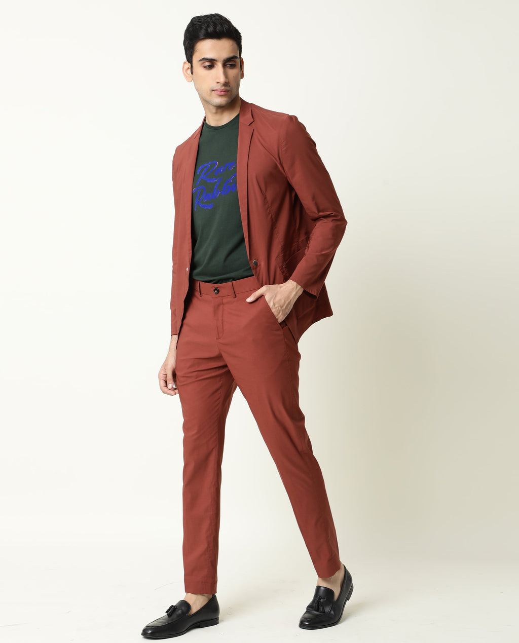 Rare Rabbit Men's Glak Rust Viscose Plain Slim Fit Trouser