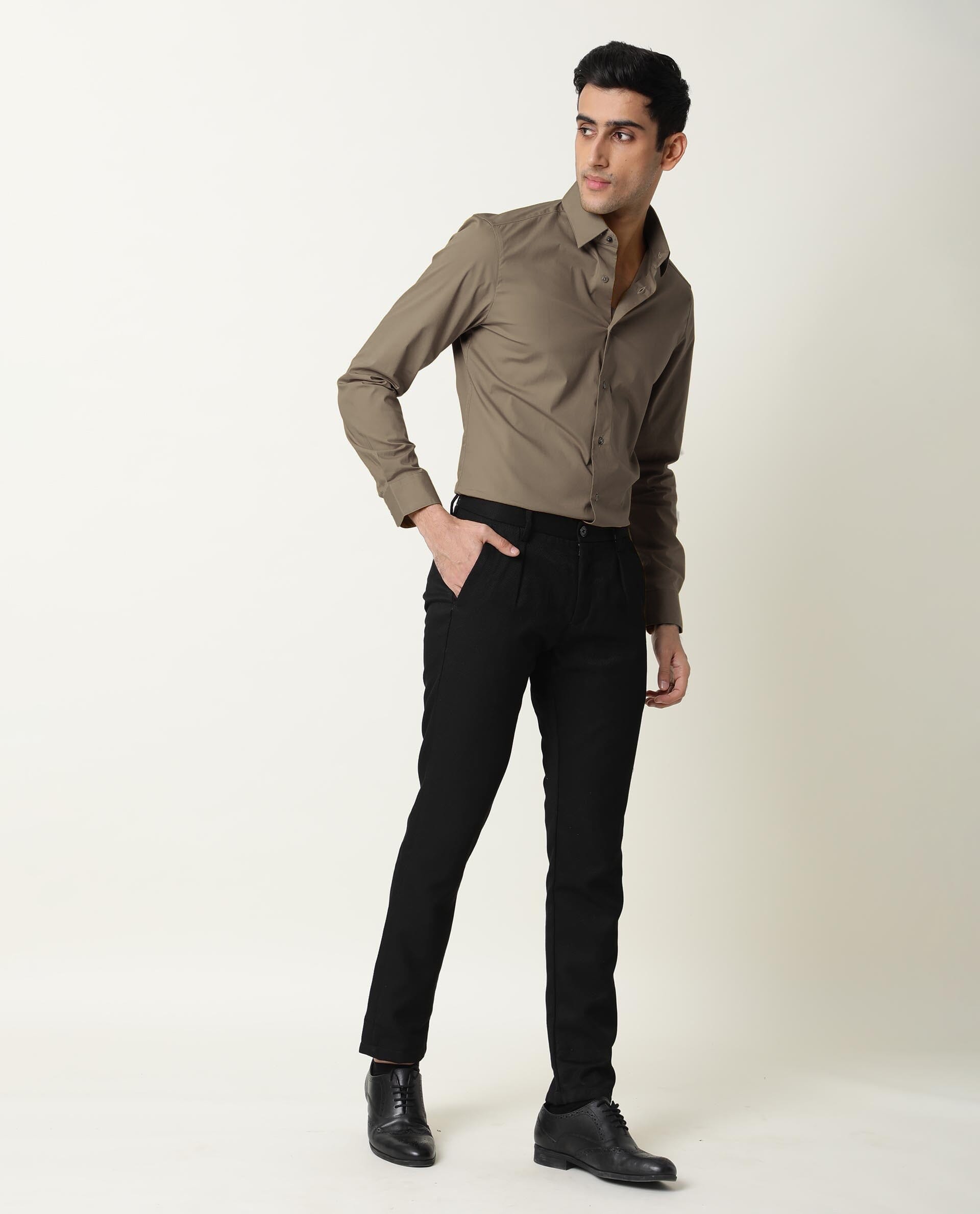 Rare Rabbit Men's Neutrons Brown Cotton Regular Fit Full Sleeve Spread Collar Shirt