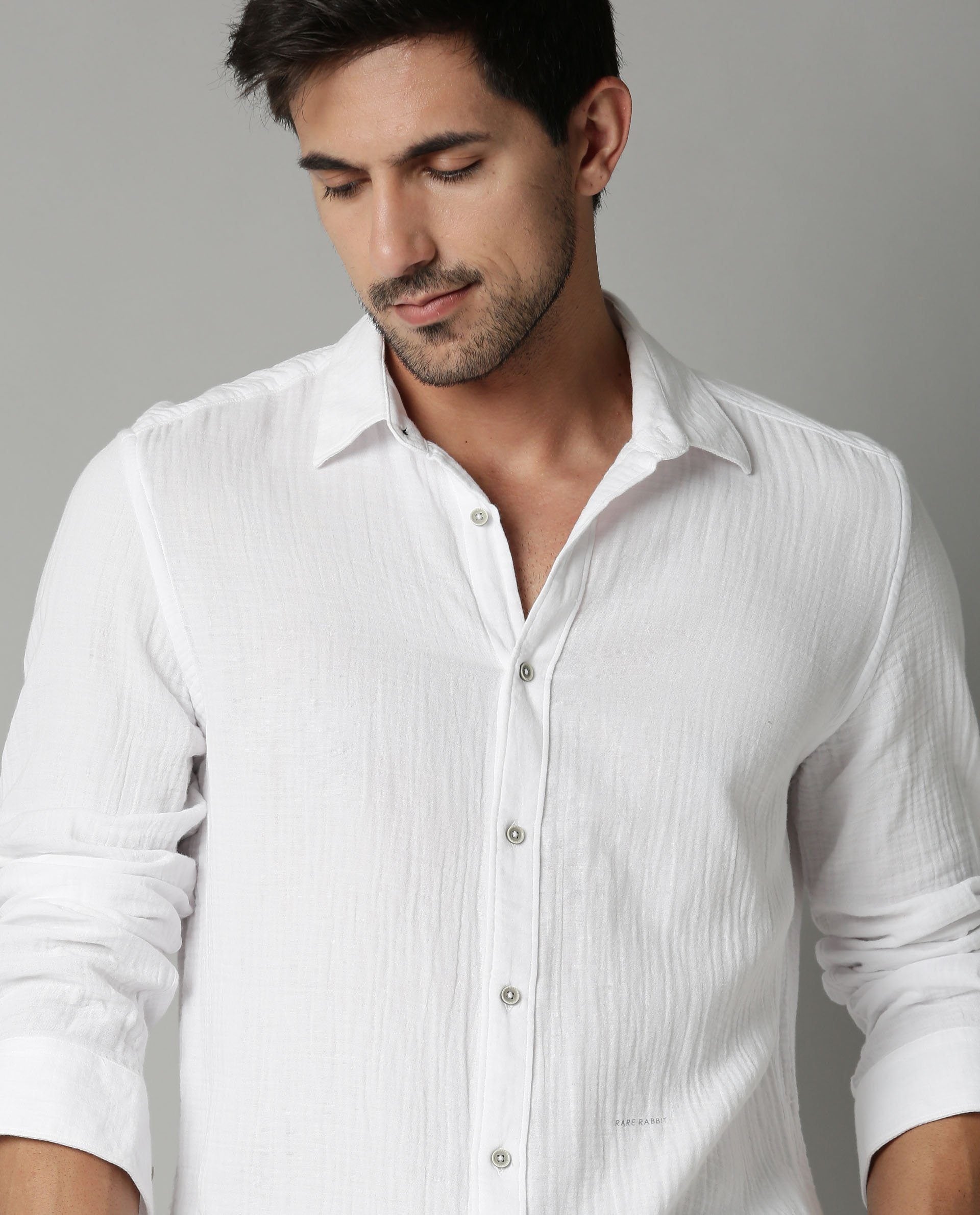 Rare Rabbit Men's Layerr White Plain Regular Fit Full Sleeve Spread Collar Shirt
