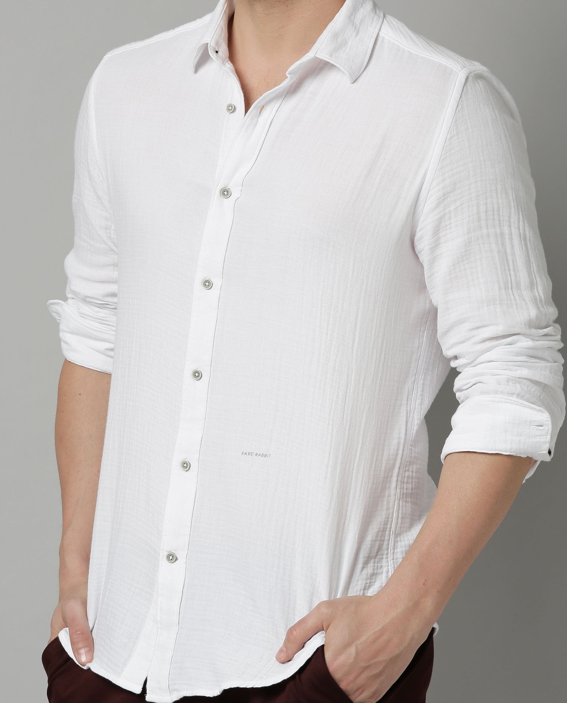 Rare Rabbit Men's Layerr White Plain Regular Fit Full Sleeve Spread Collar Shirt