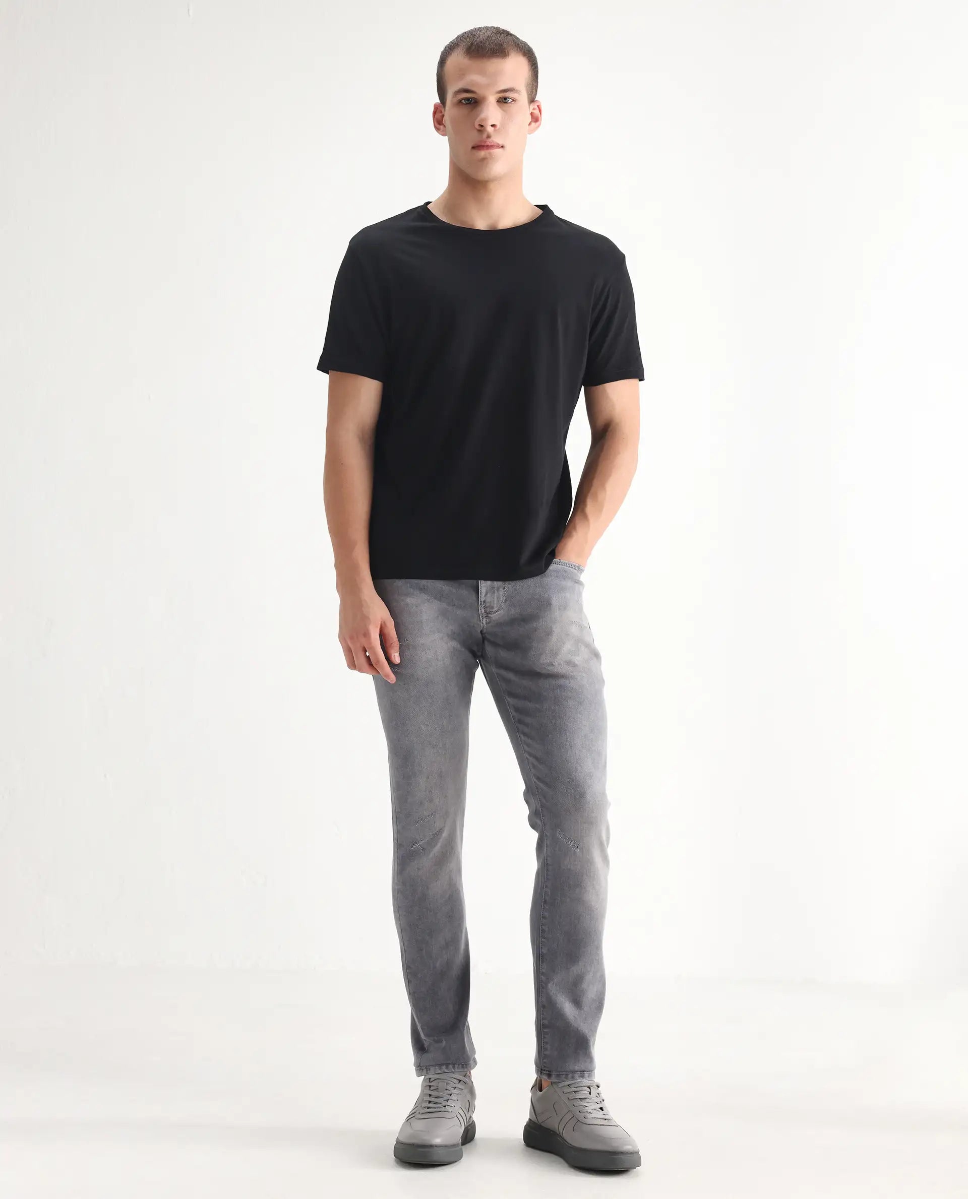 Rare Rabbit Men's Mainz Light Grey Cotton Blend Plain Hawk Slim Fit Jeans
