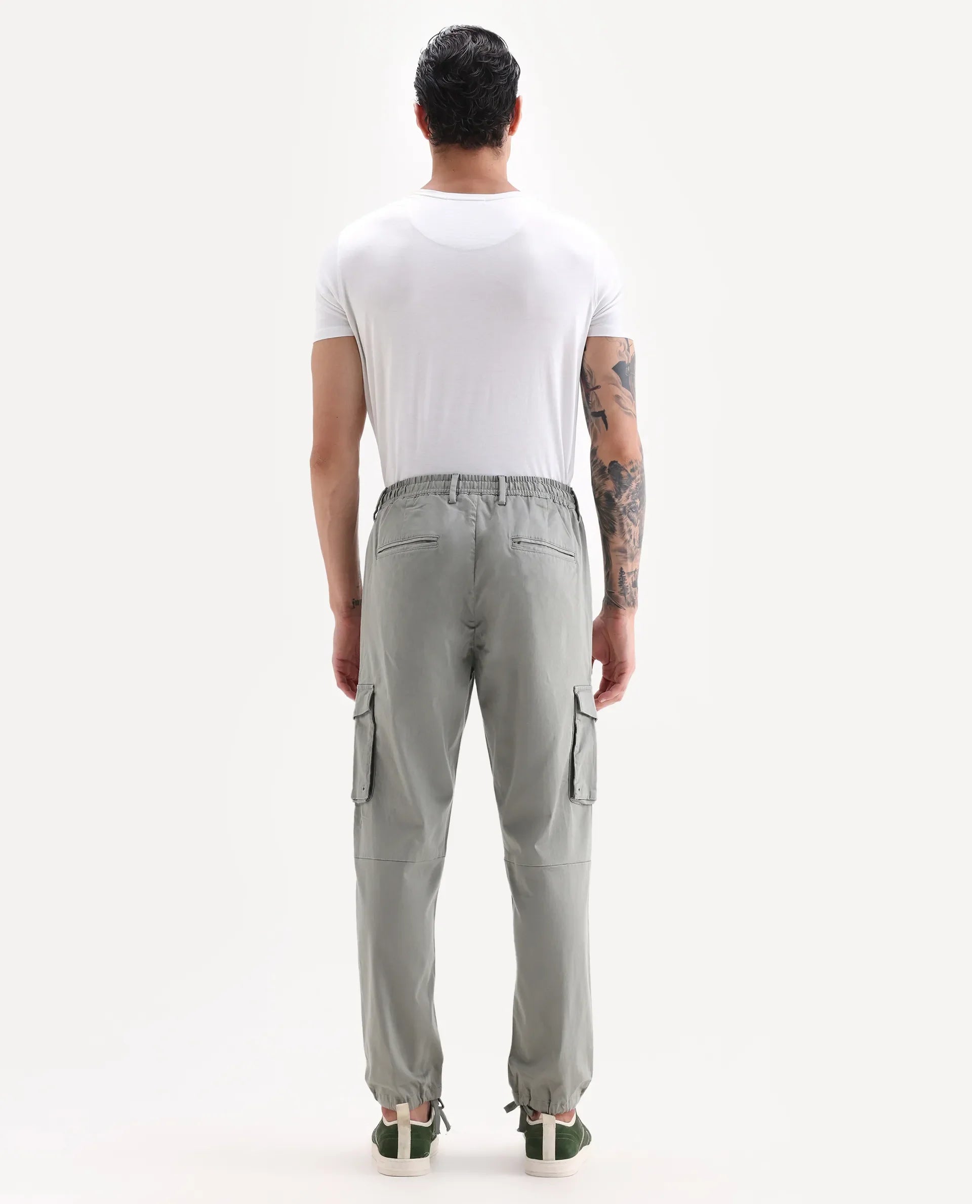 Rare Rabbit Men's Maks Dusky Olive Cotton Plain Regular Fit Trouser