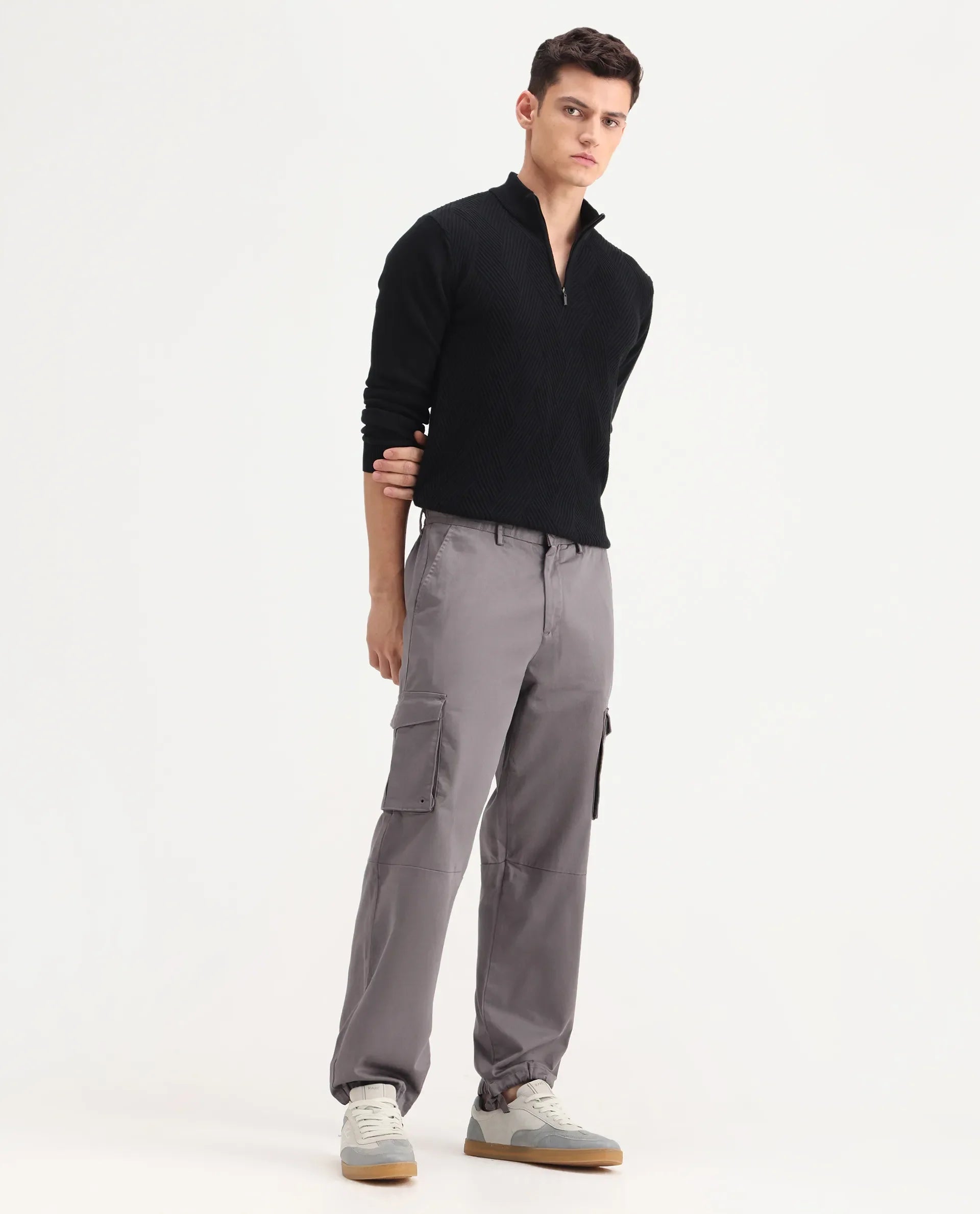 Rare Rabbit Men's Maks Dark Grey Cotton Plain Regular Fit Trouser