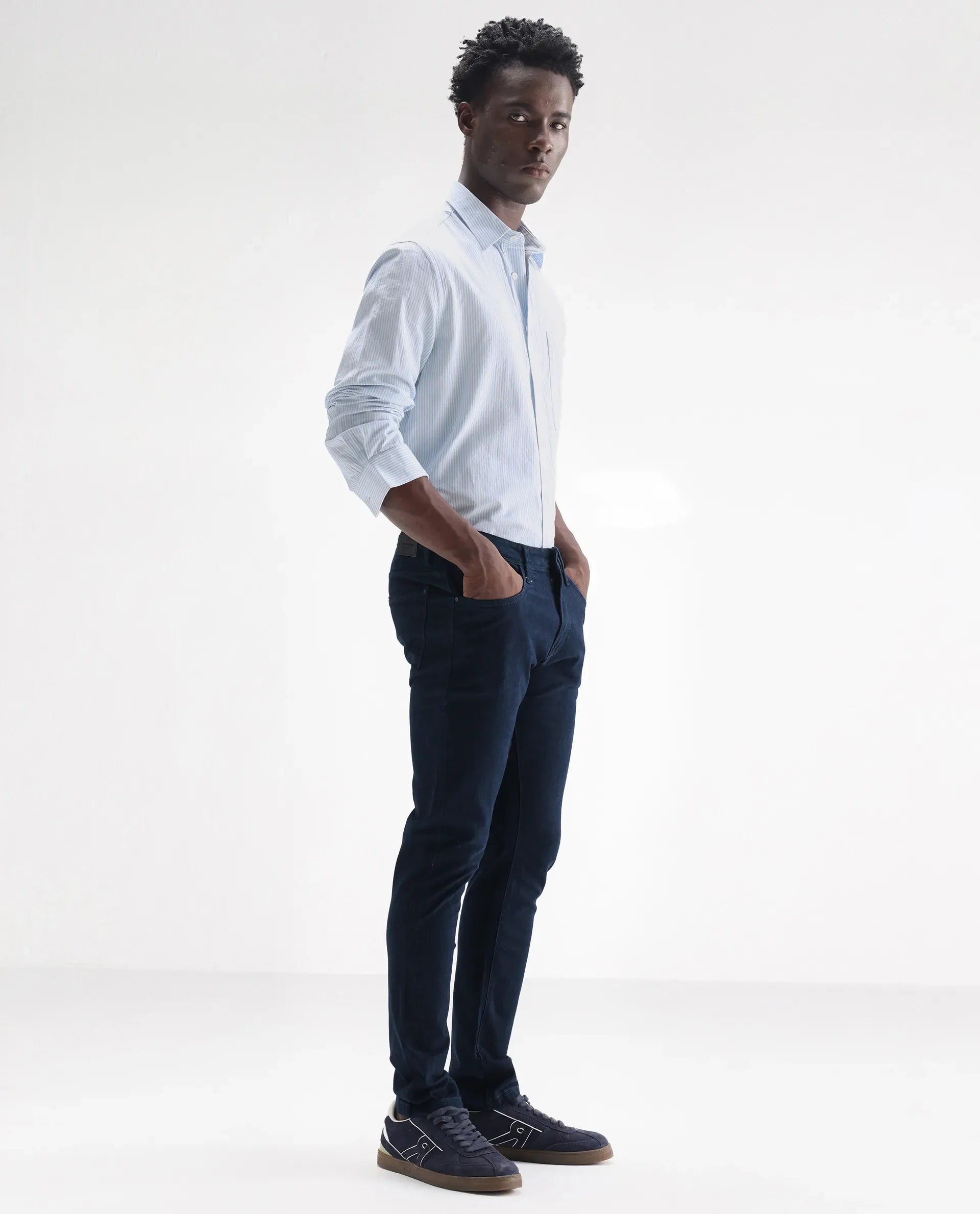 Rare Rabbit Men's Mambo Navy Cotton Plain Hawk Slim Fit Jeans