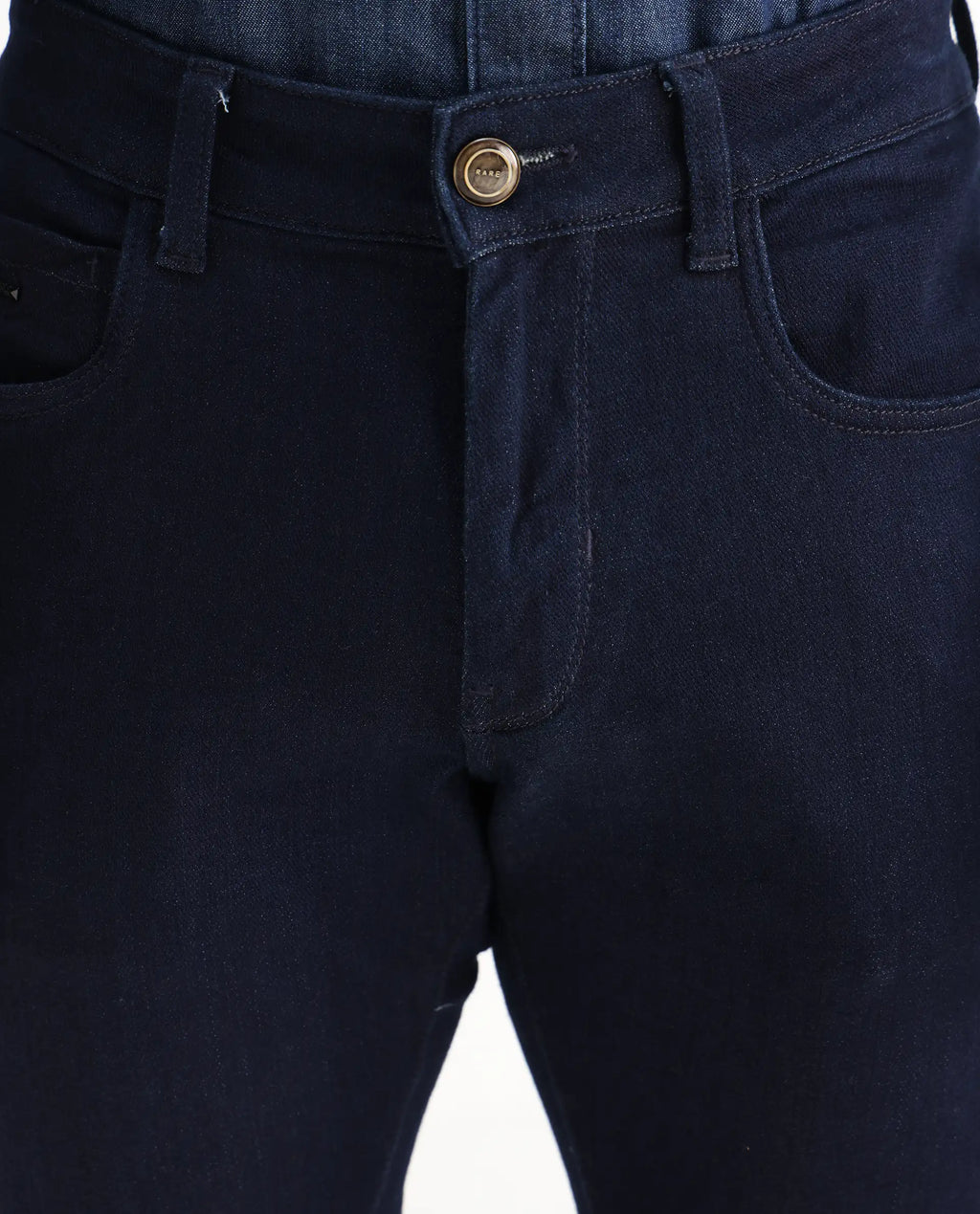 Rare Rabbit Men's Manado Dark Navy Cotton Blend Plain Hawk Slim Fit Jeans