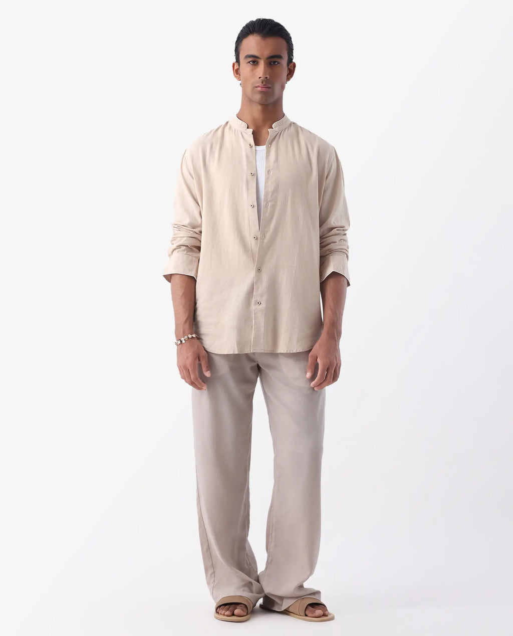 Rare Rabbit Men's Manderin Beige 100% Linen Plain Regular Fit Full Sleeve Mandarin Collar Shirt