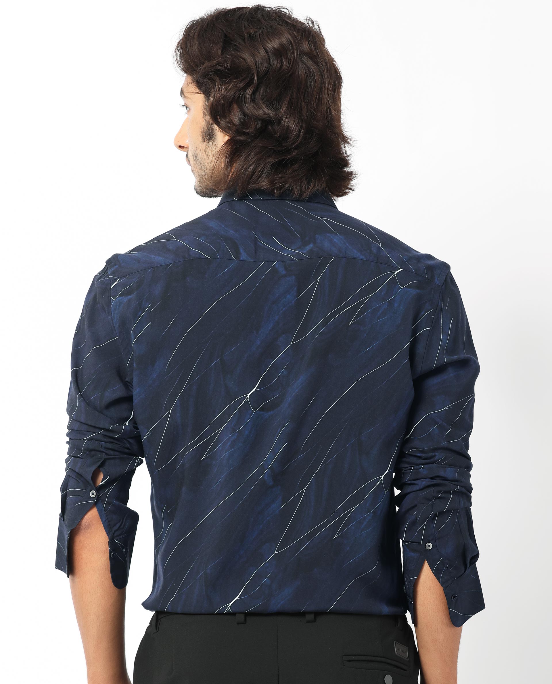 Rare Rabbit Men's Mans Navy Cotton Abstract Print Regular Fit Full Sleeve Collared Shirt