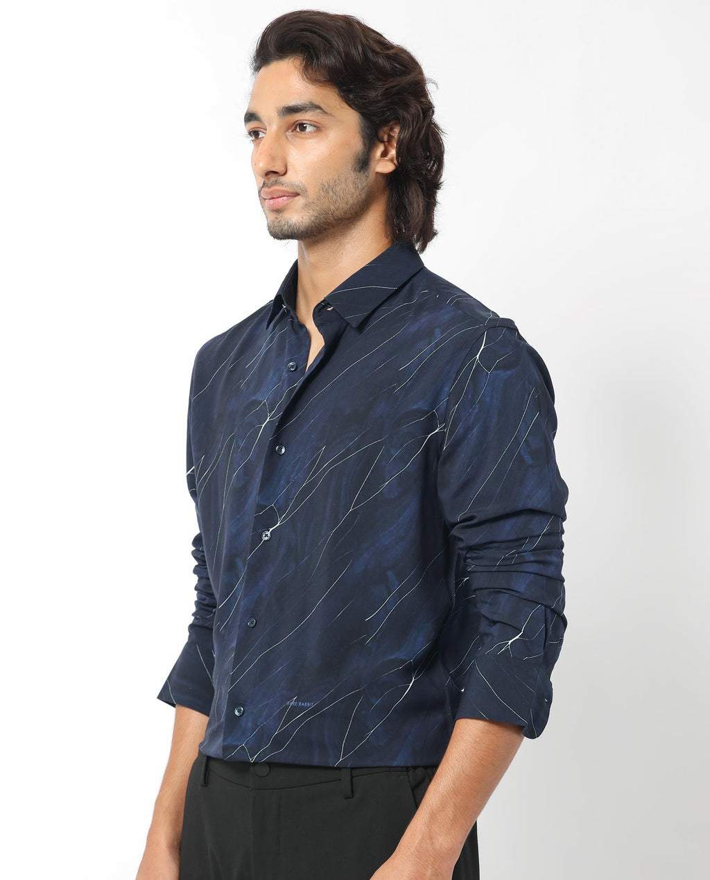 Rare Rabbit Men's Mans Navy Cotton Abstract Print Regular Fit Full Sleeve Collared Shirt