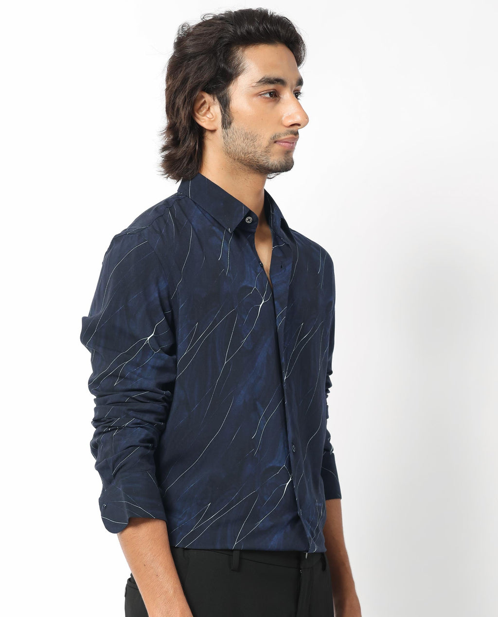 Rare Rabbit Men's Mans Navy Cotton Abstract Print Regular Fit Full Sleeve Collared Shirt