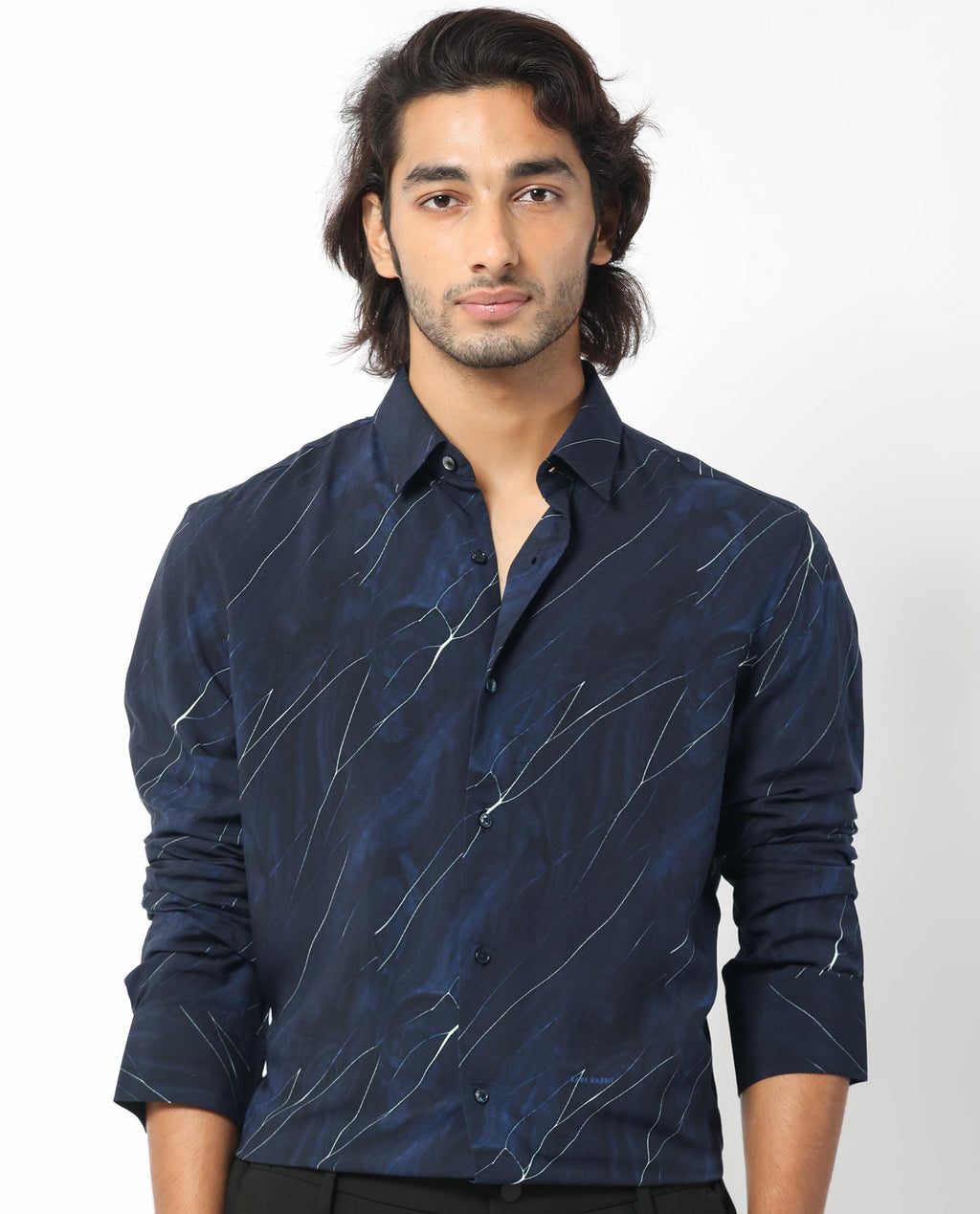 Rare Rabbit Men's Mans Navy Cotton Abstract Print Regular Fit Full Sleeve Collared Shirt