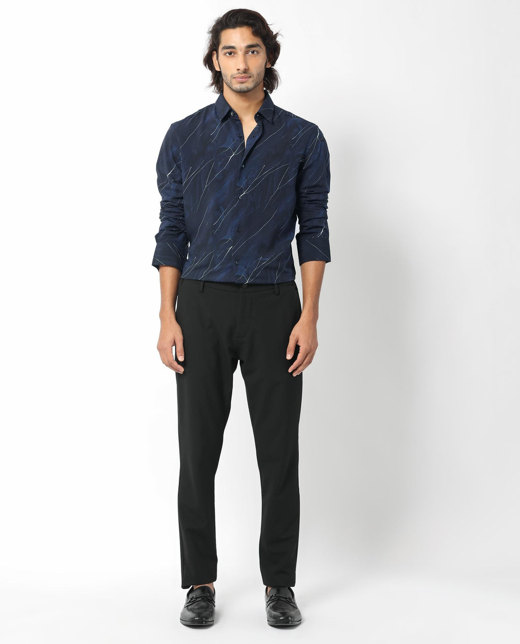 Rare Rabbit Men's Mans Navy Cotton Abstract Print Regular Fit Full Sleeve Collared Shirt