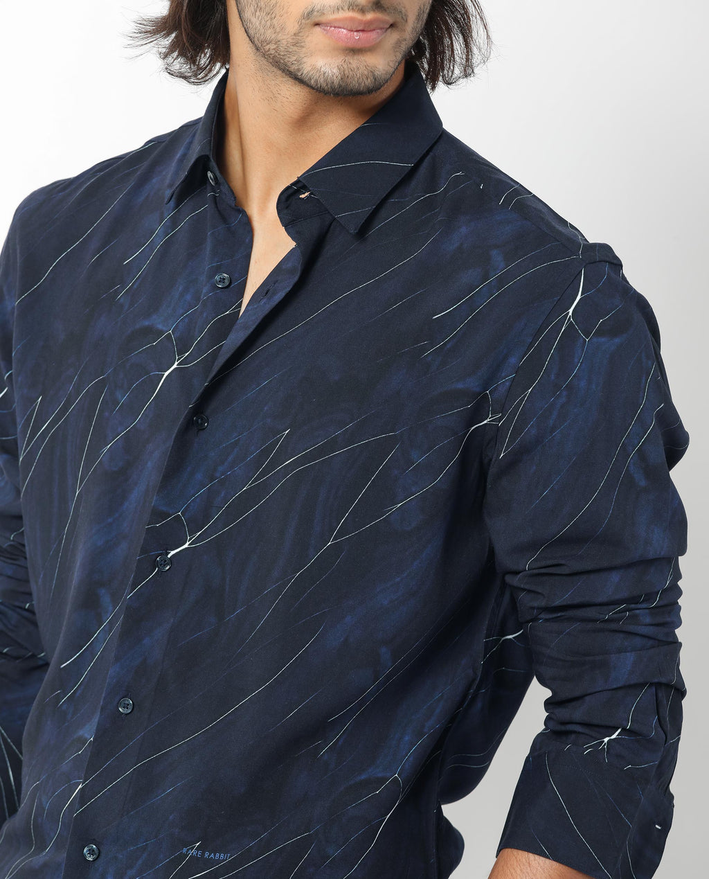 Rare Rabbit Men's Mans Navy Cotton Abstract Print Regular Fit Full Sleeve Collared Shirt
