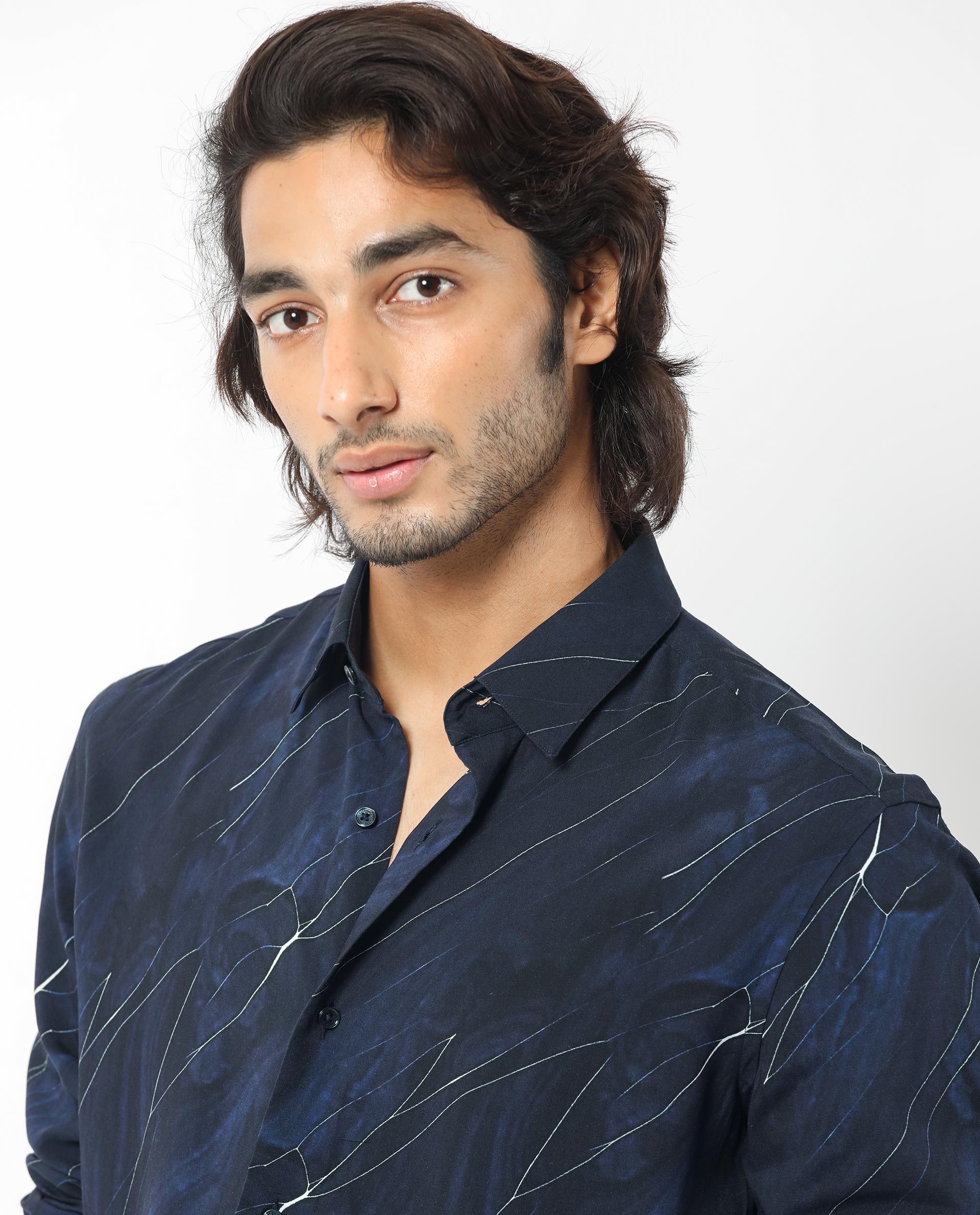 Rare Rabbit Men's Mans Navy Cotton Abstract Print Regular Fit Full Sleeve Collared Shirt