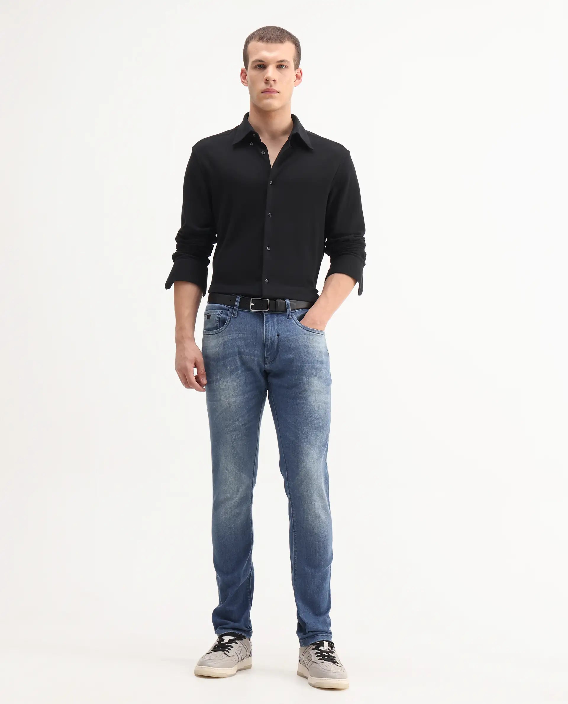 Rare Rabbit Men's Matt Blue Cotton Plain Morris Regular Fit Jeans