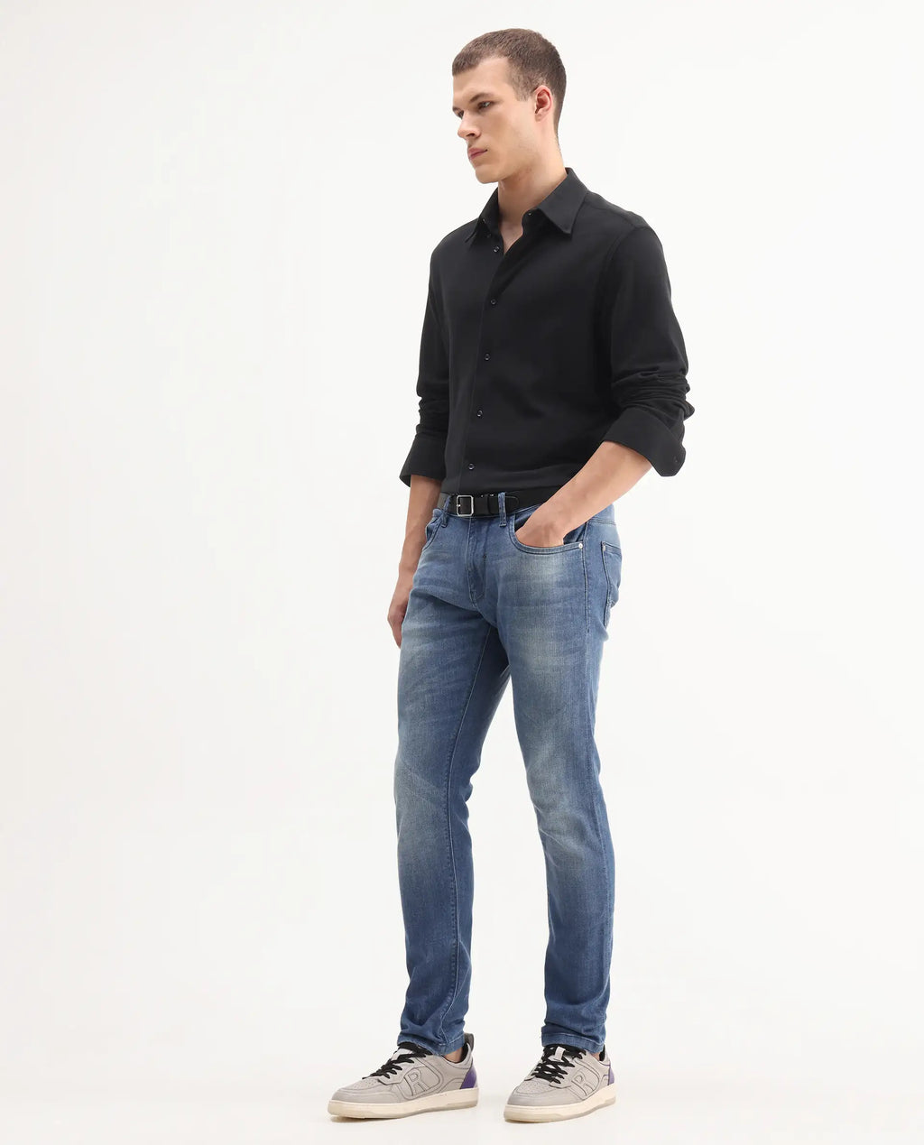 Rare Rabbit Men's Matt Blue Cotton Plain Morris Regular Fit Jeans