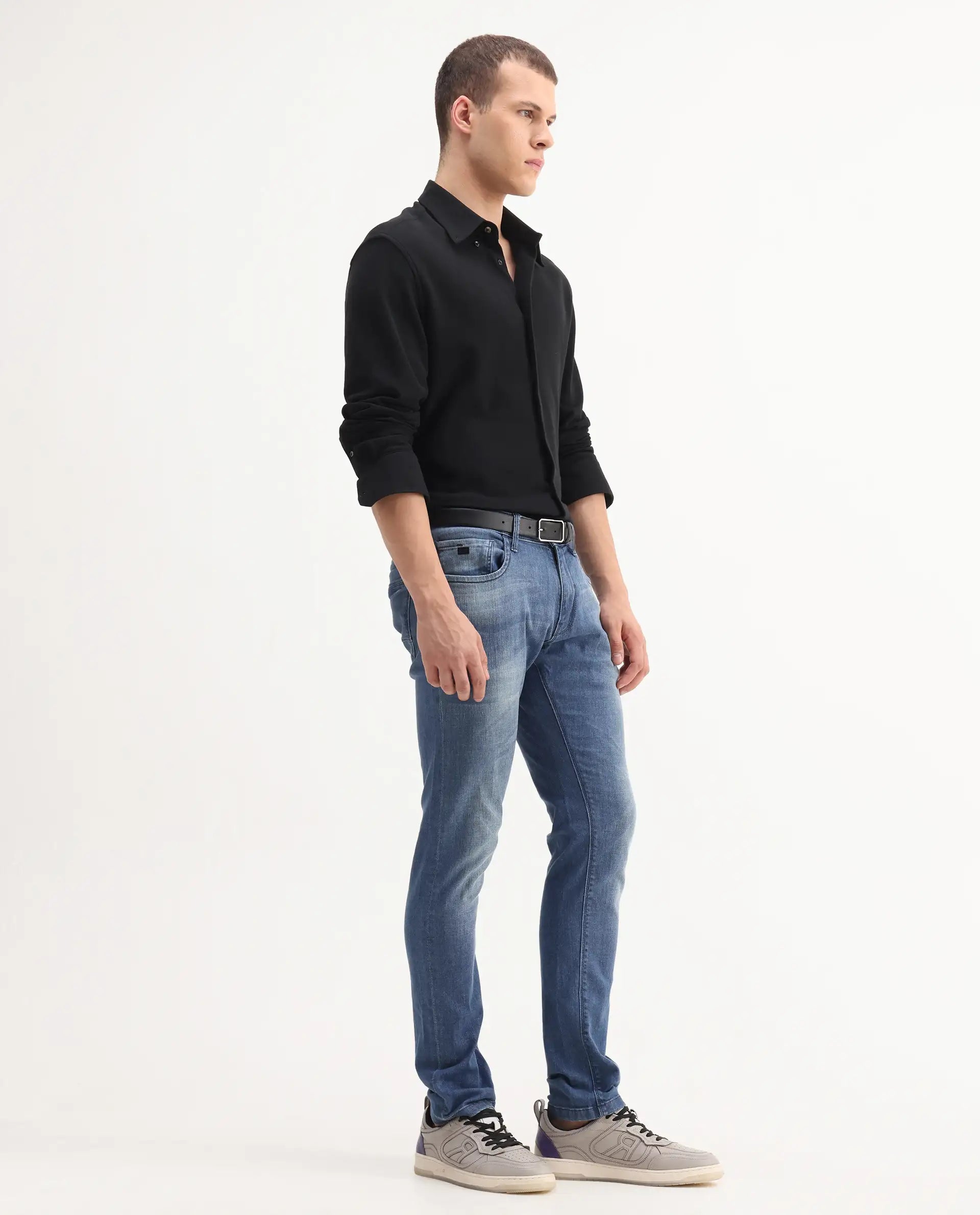 Rare Rabbit Men's Matt Blue Cotton Plain Morris Regular Fit Jeans