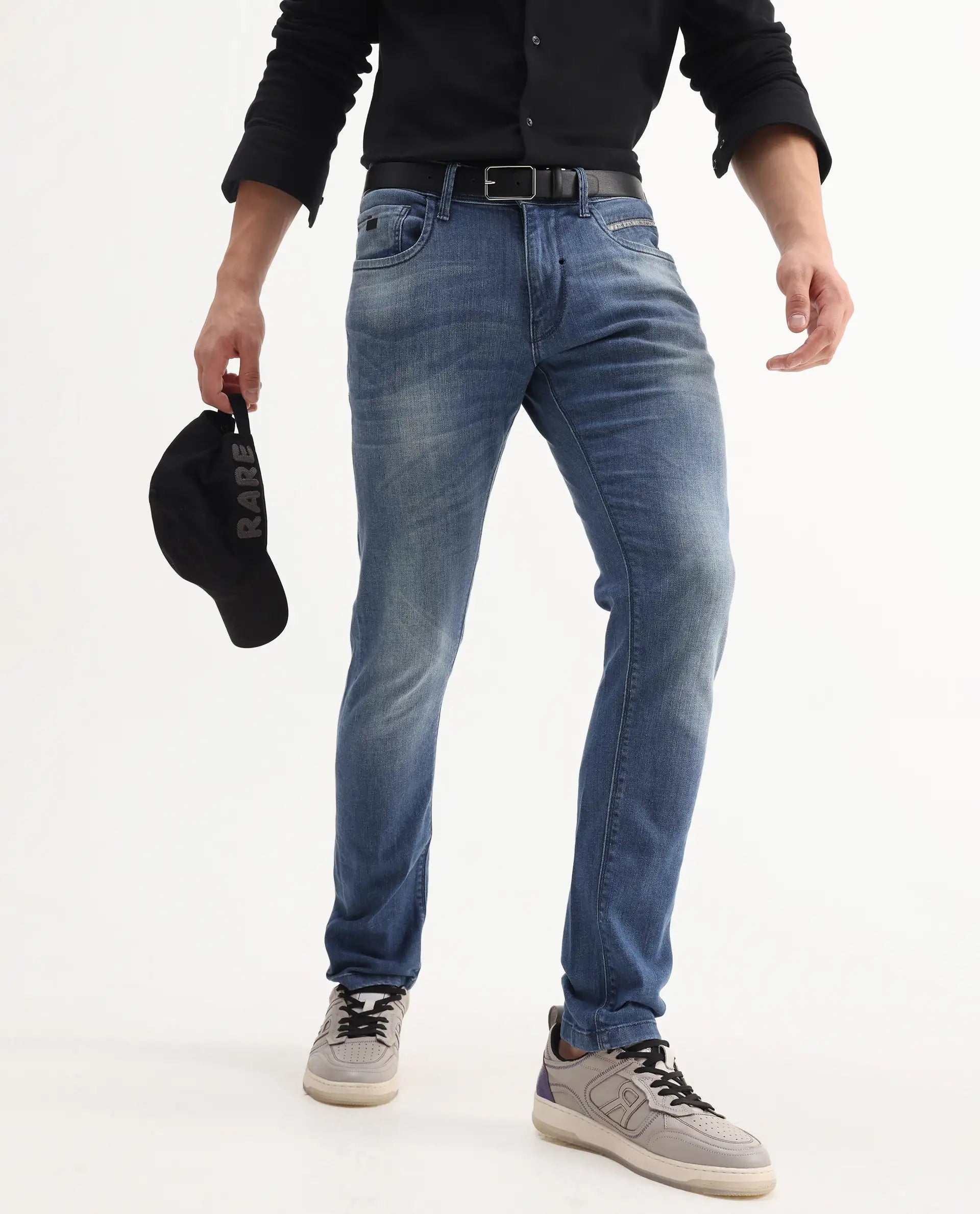 Rare Rabbit Men's Matt Blue Cotton Plain Morris Regular Fit Jeans