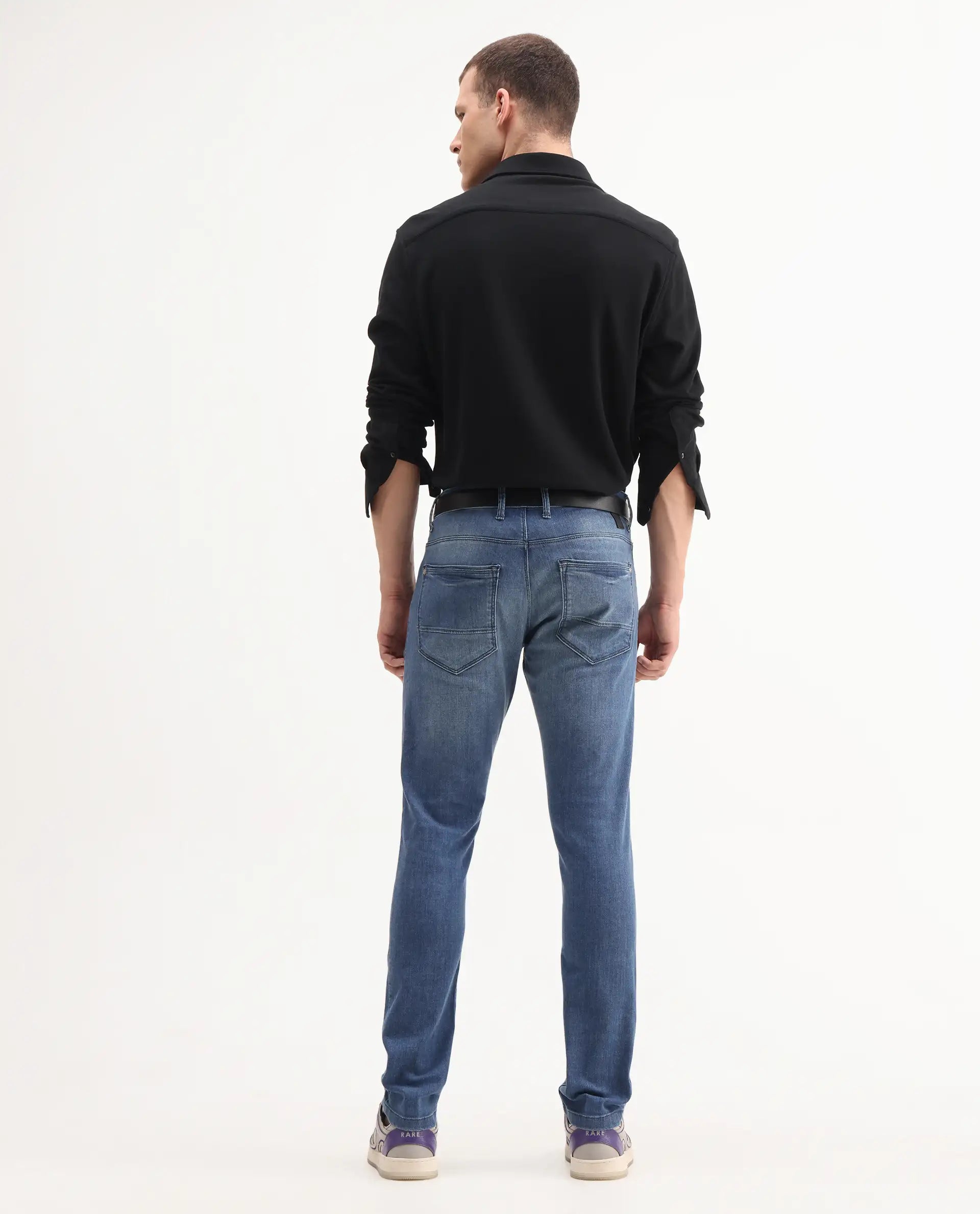 Rare Rabbit Men's Matt Blue Cotton Plain Morris Regular Fit Jeans