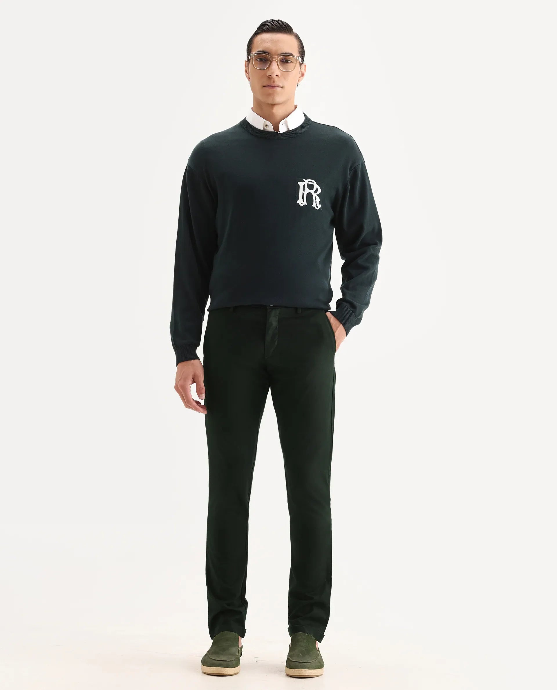 Rare Rabbit Men's Mazzio Green Cotton Jacquard Slim Fit Trouser