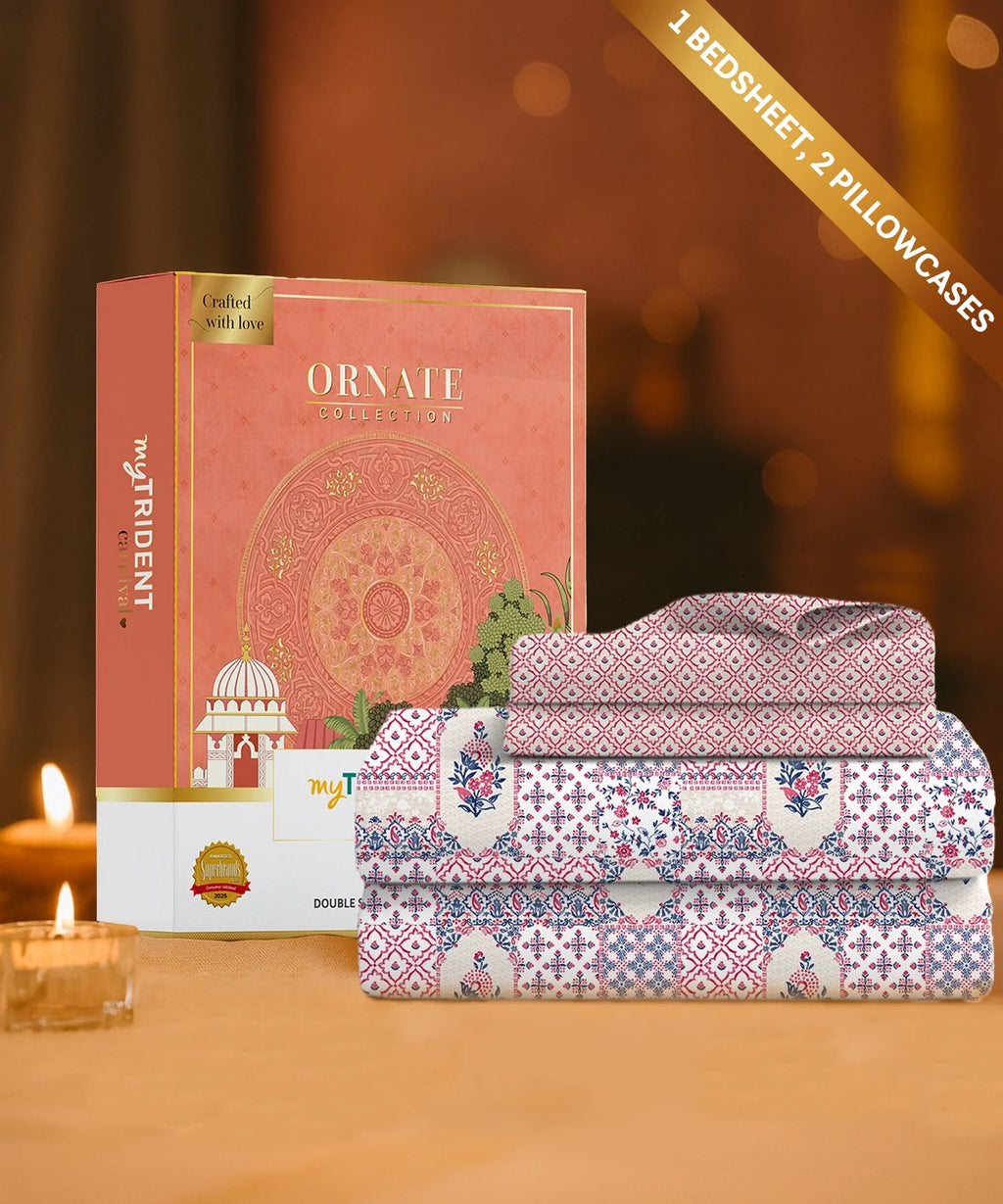 Carnival Ornate Queen Bedsheet, Meera Pink|144 TC Cotton| 2 Pillow Covers
