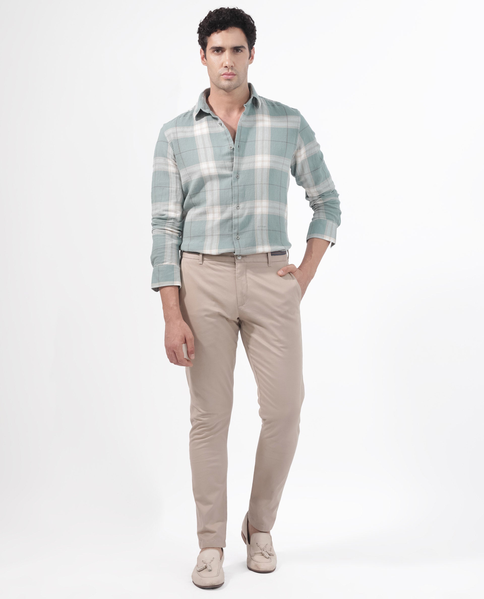 Rare Rabbit Men's Melfi Teal Cotton Checked Print Regular Fit Full Sleeve Collared Shirt