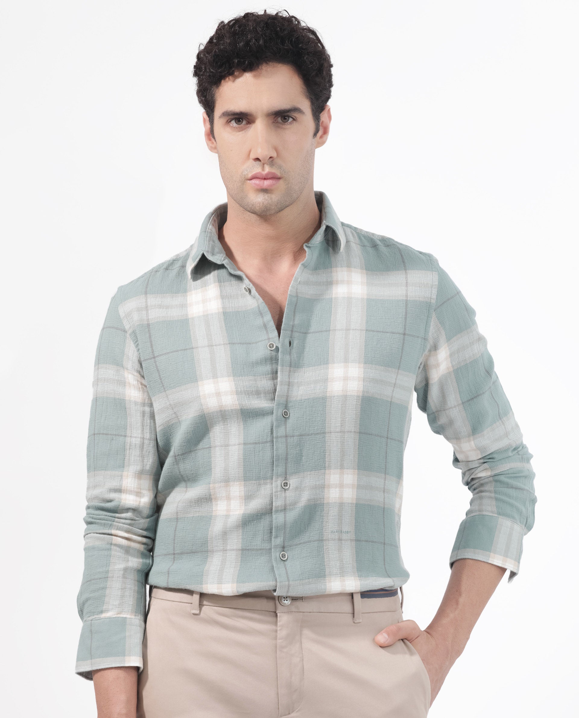Rare Rabbit Men's Melfi Teal Cotton Checked Print Regular Fit Full Sleeve Collared Shirt
