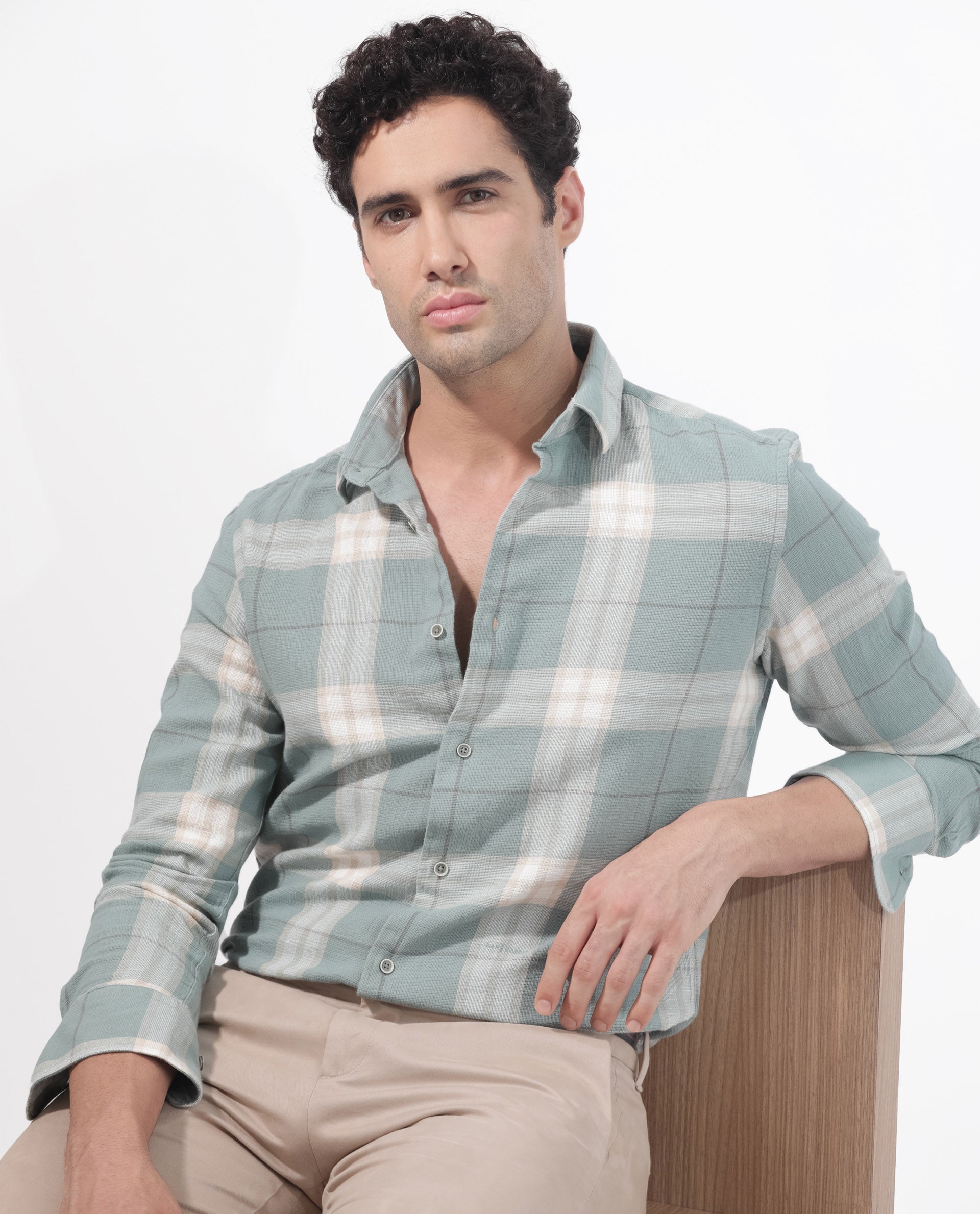 Rare Rabbit Men's Melfi Teal Cotton Checked Print Regular Fit Full Sleeve Collared Shirt
