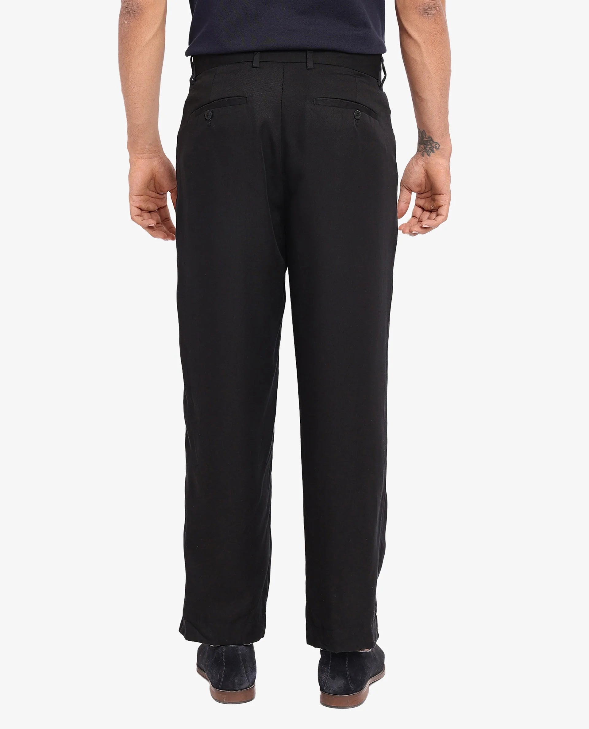 Rare Rabbit Men's Memos Black Tencel Plain Regular Fit Trouser