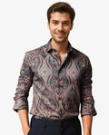 Rare Rabbit Men's Merger Navy Cotton Paisley Print Regular Fit Full Sleeve Collared Shirt