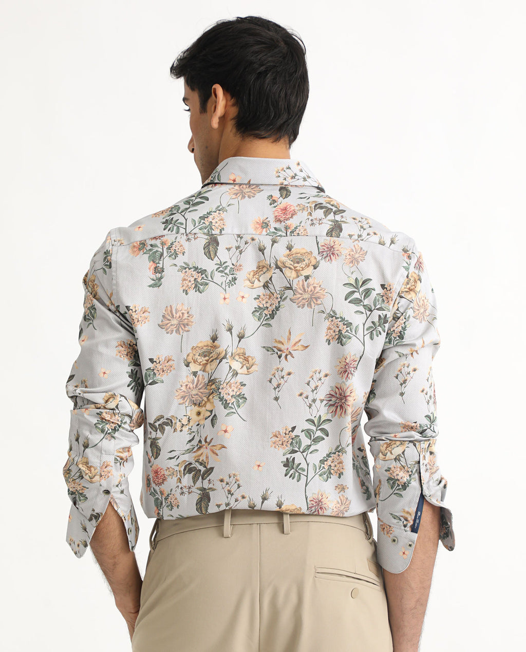 Rare Rabbit Men's Misa Grey Cotton Floral Print Regular Fit Full Sleeve Collared Shirt