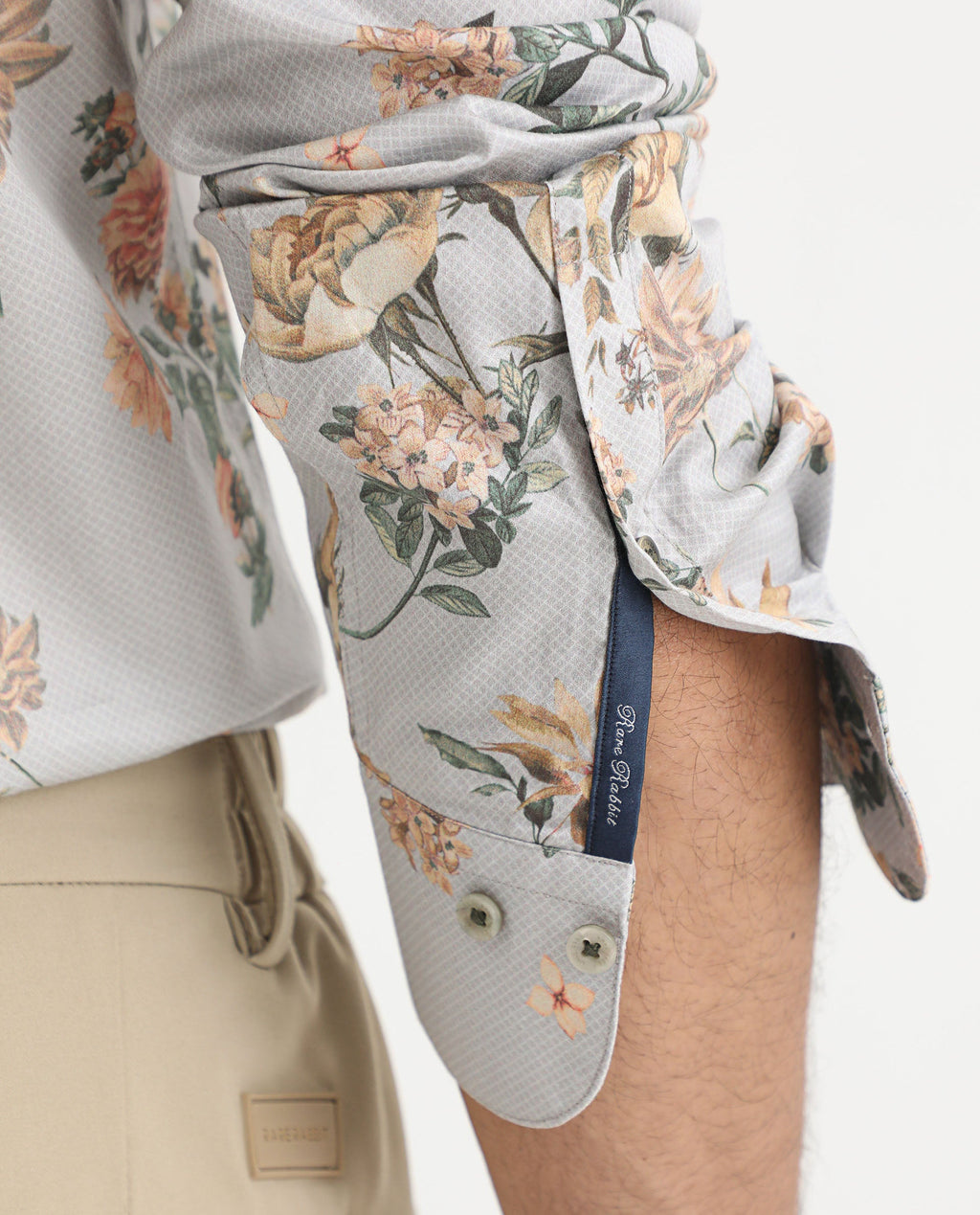 Rare Rabbit Men's Misa Grey Cotton Floral Print Regular Fit Full Sleeve Collared Shirt