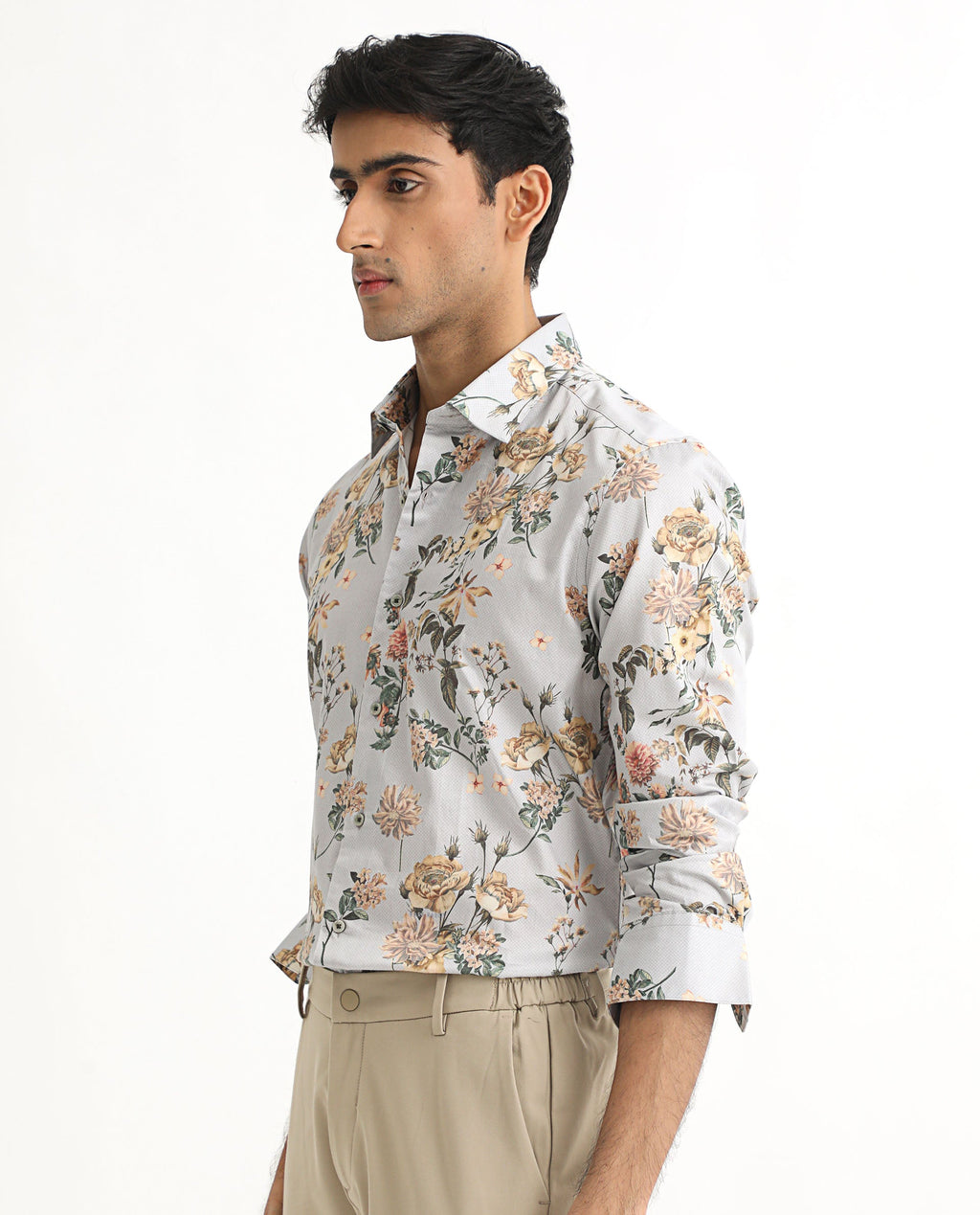 Rare Rabbit Men's Misa Grey Cotton Floral Print Regular Fit Full Sleeve Collared Shirt