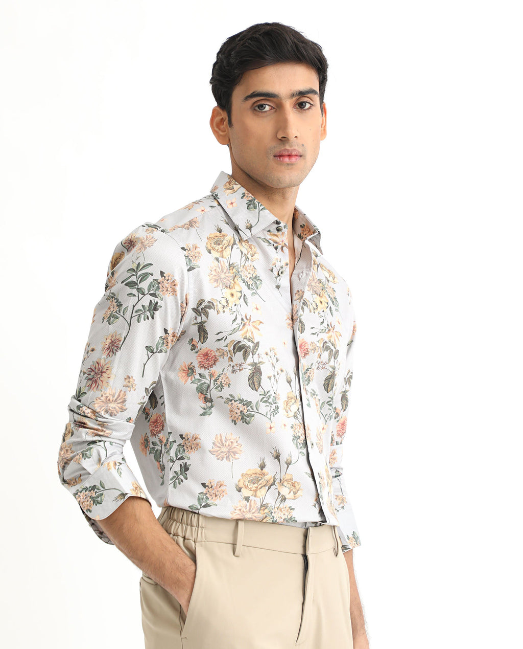 Rare Rabbit Men's Misa Grey Cotton Floral Print Regular Fit Full Sleeve Collared Shirt