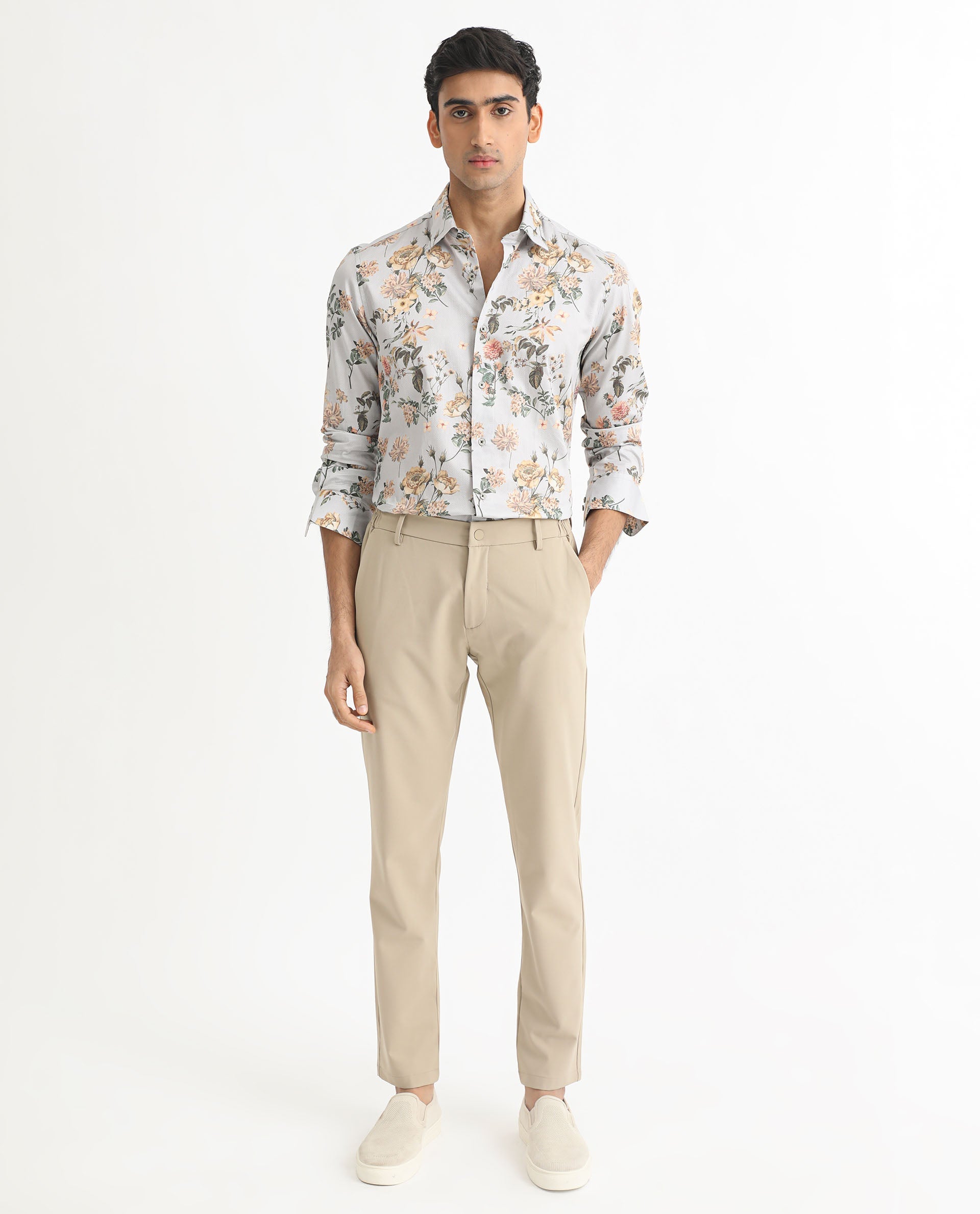 Rare Rabbit Men's Misa Grey Cotton Floral Print Regular Fit Full Sleeve Collared Shirt
