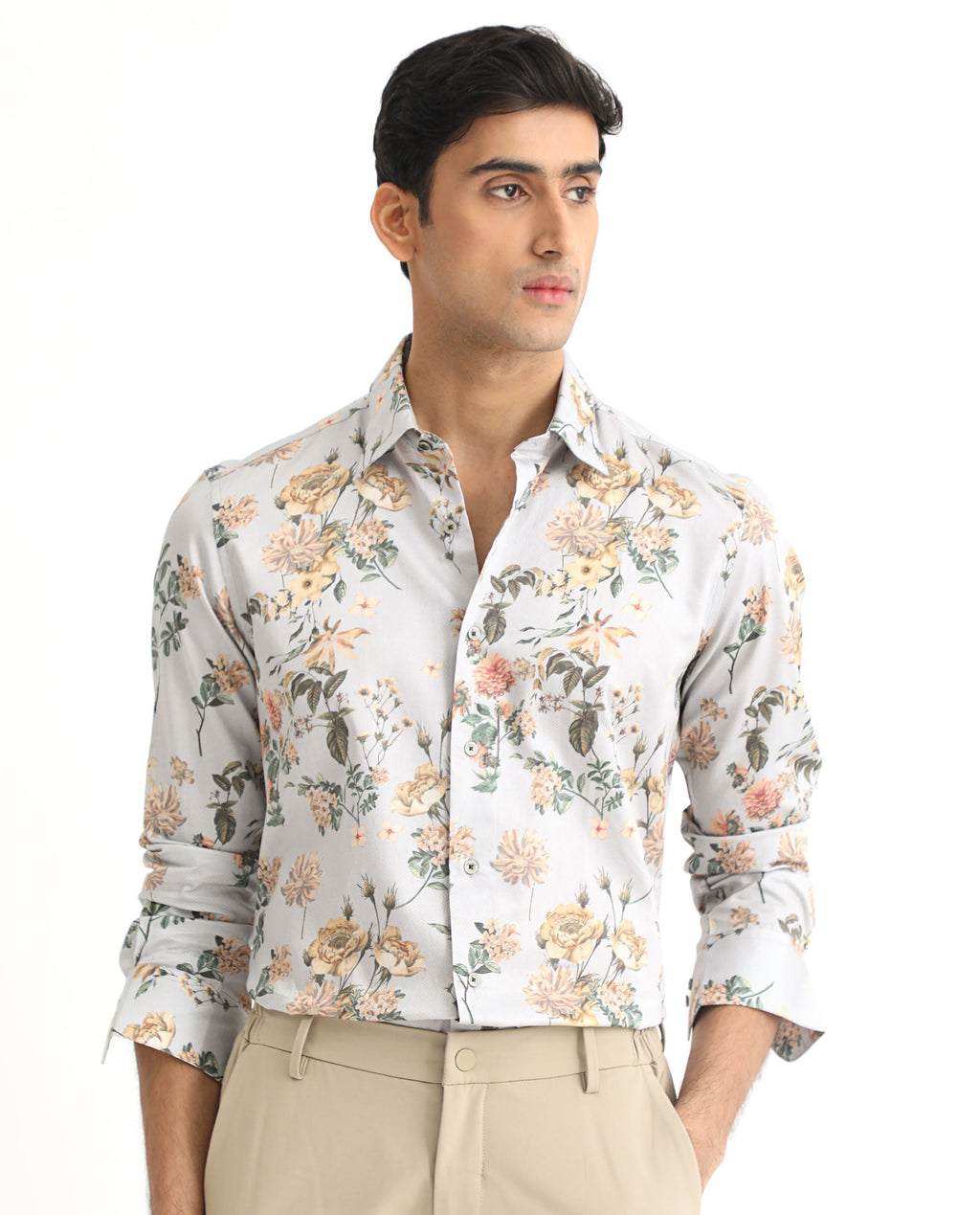 Rare Rabbit Men's Misa Grey Cotton Floral Print Regular Fit Full Sleeve Collared Shirt
