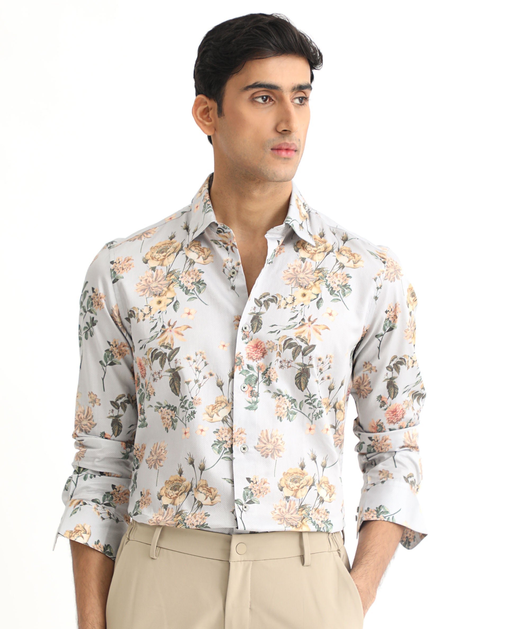 Rare Rabbit Men's Misa Grey Cotton Floral Print Regular Fit Full Sleeve Collared Shirt