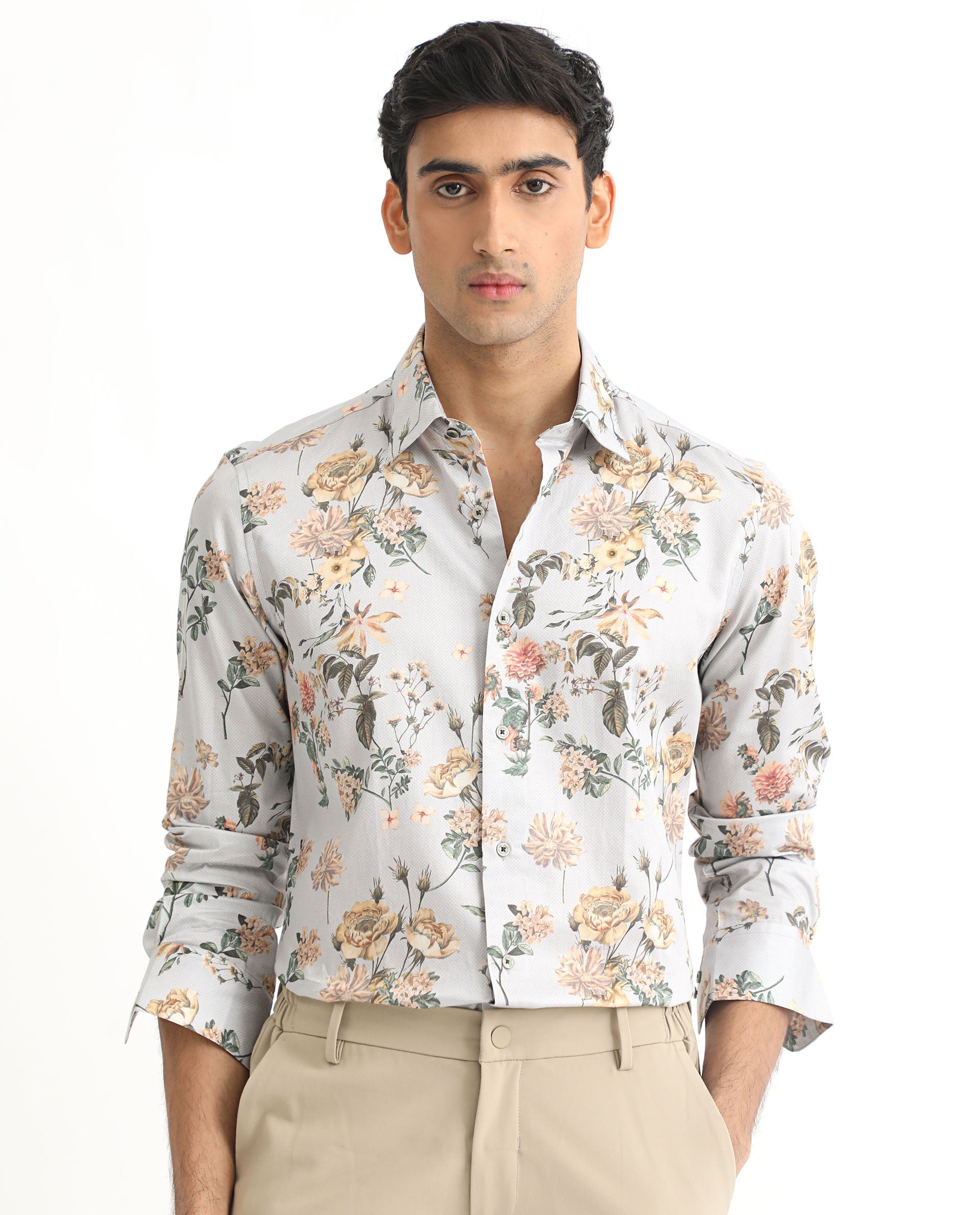 Rare Rabbit Men's Misa Grey Cotton Floral Print Regular Fit Full Sleeve Collared Shirt