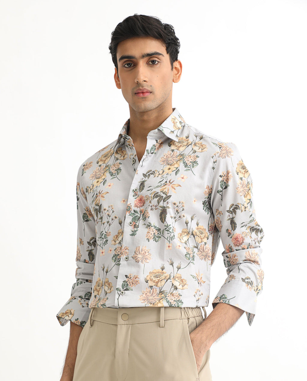 Rare Rabbit Men's Misa Grey Cotton Floral Print Regular Fit Full Sleeve Collared Shirt