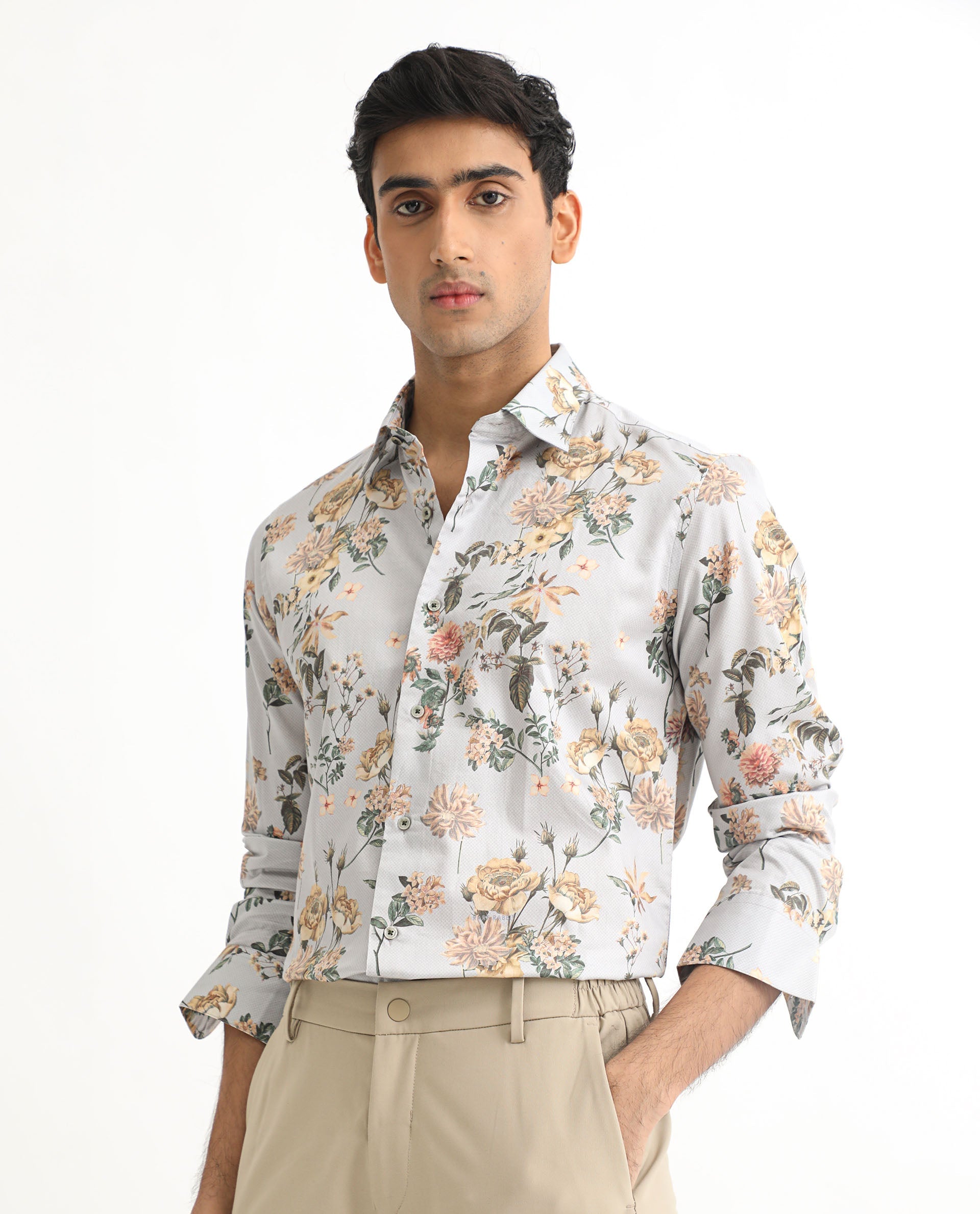 Rare Rabbit Men's Misa Grey Cotton Floral Print Regular Fit Full Sleeve Collared Shirt