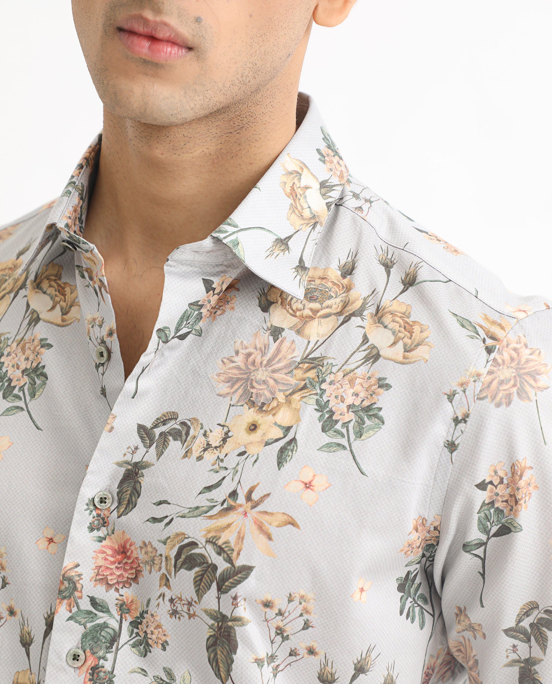 Rare Rabbit Men's Misa Grey Cotton Floral Print Regular Fit Full Sleeve Collared Shirt