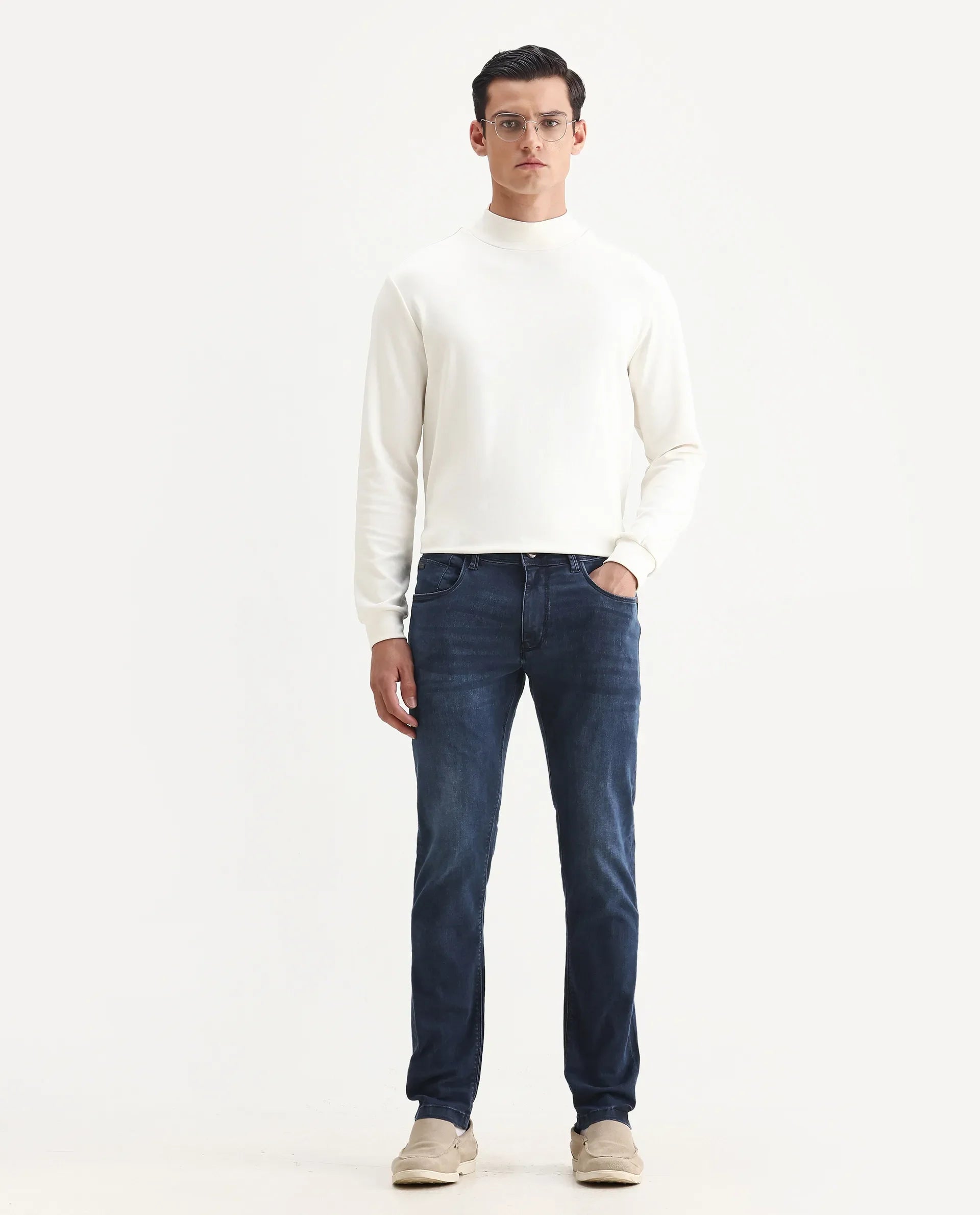 Rare Rabbit Men's Monaco Navy Cotton Plain Hawk Slim Fit Jeans