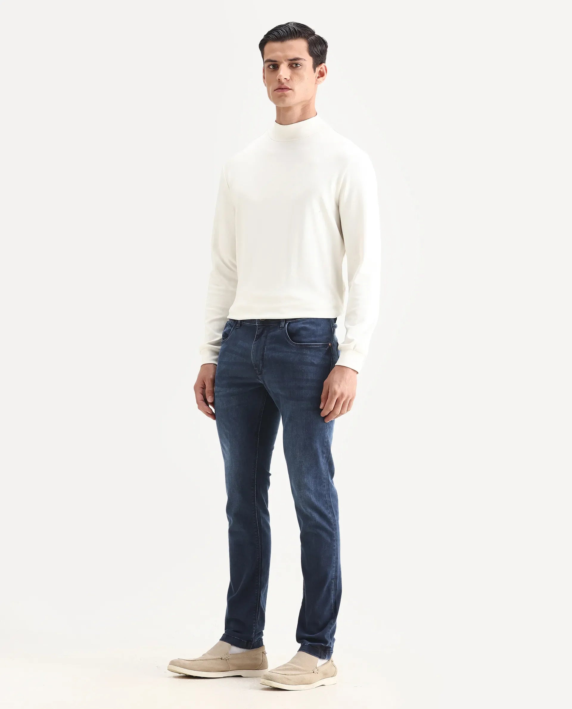 Rare Rabbit Men's Monaco Navy Cotton Plain Hawk Slim Fit Jeans