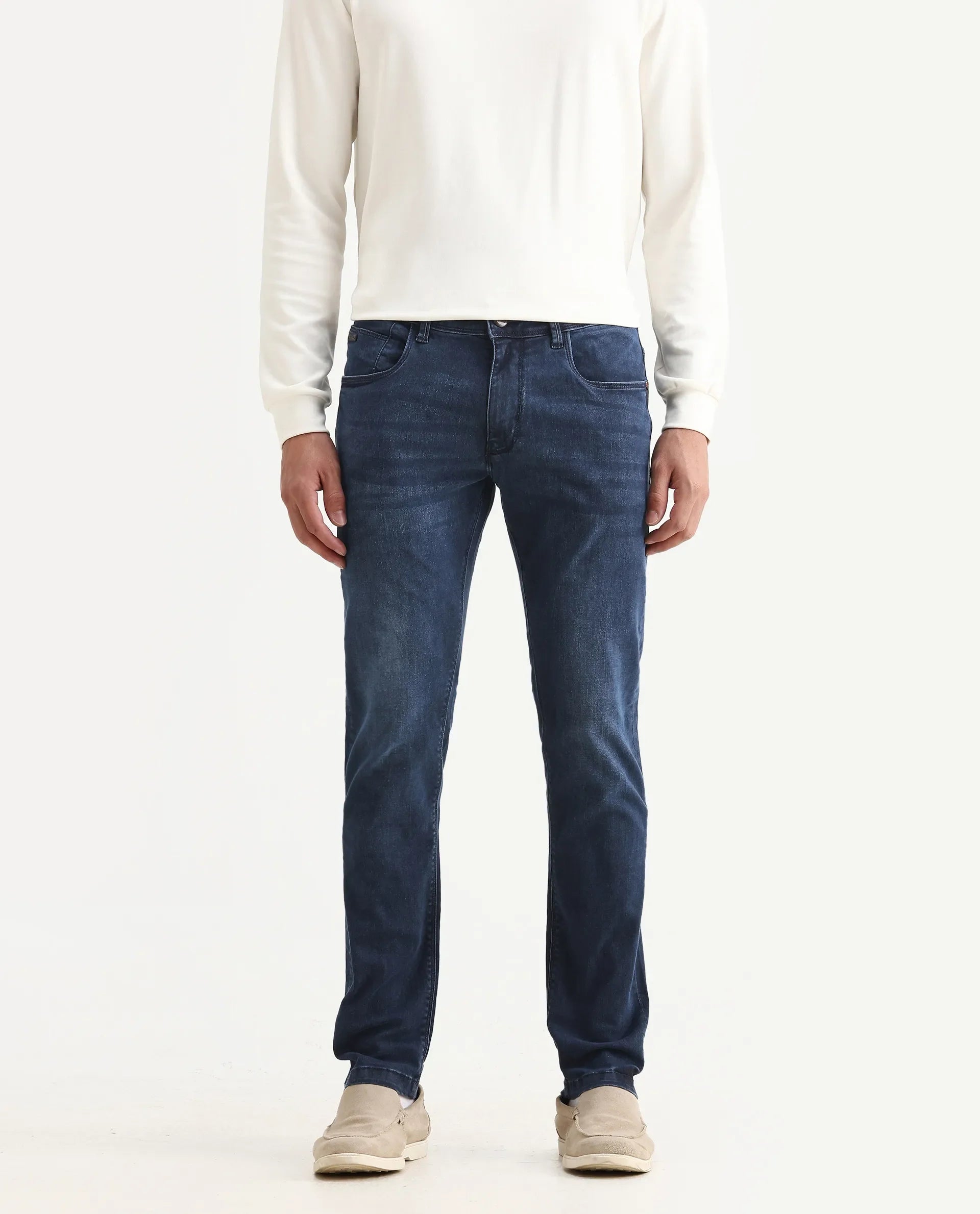 Rare Rabbit Men's Monaco Navy Cotton Plain Hawk Slim Fit Jeans